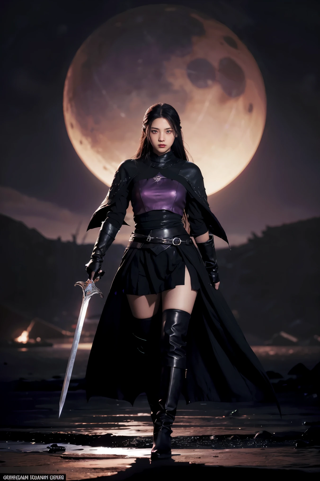 dark souls, black sun, boss battle, epic sword in hands full body 1girl, solo, very cute, beautiful, long hair, purple eyes, cute, night, dim lighting, looking at viewer detailed background