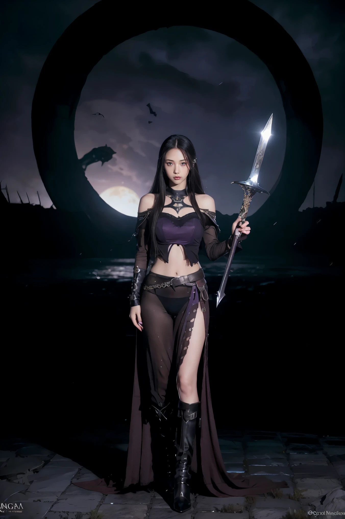 dark souls, black sun, boss battle, epic sword in hands full body 1girl, solo, very cute, beautiful, long hair, purple eyes, cute, night, dim lighting, looking at viewer detailed background