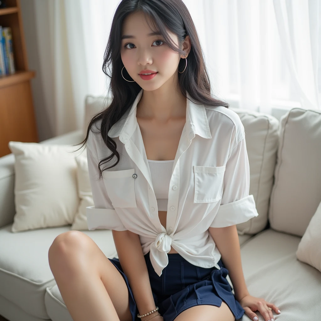 1 girl, Japan person, looking at the view, at home, in the room, sitting in bed, smiling (smile: 1.15), medium breasts, eyes with beautiful details, daytime, sunshine, long hair (long hair: 1.4), SCHOOL uniforms, white skin, NSFW, (8k, top quality, masterpiece: 1.2), (realistic, photorealistic: 1.37), ultra detailed, SITTING CROSS-LEGGED