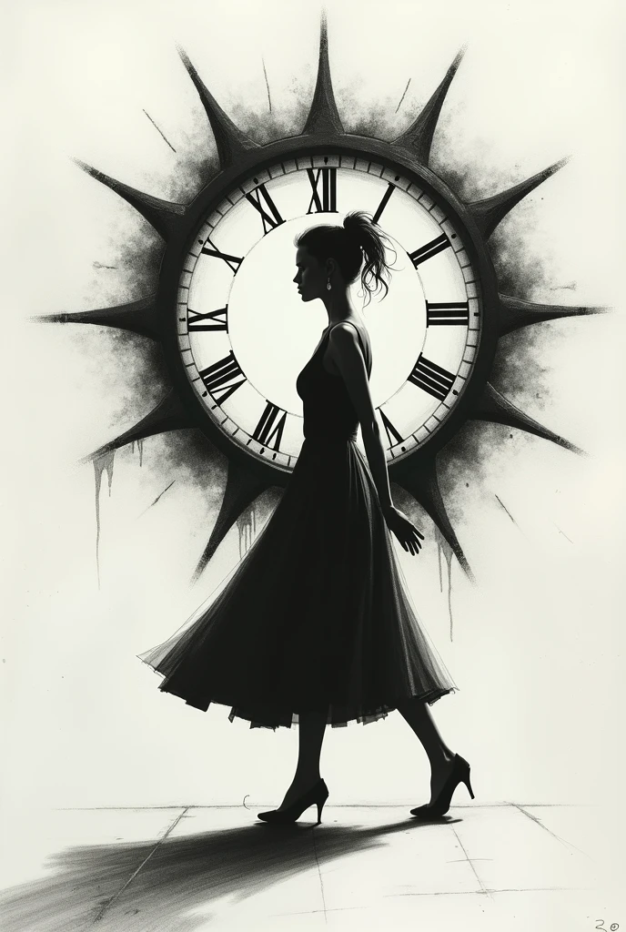 (Masterpiece in maximum 16K resolution:1.6), ((darkest_insane_silhouette_illustration):1.2),(intricate detail:1.4), (extremely insane detail:1.4),(highest quality:1.3),(Hyper_realistic:1.3). | Black and white, silhoutte art, female figure, elegant pose, flowing hair, graceful curves, subtle details, minimalistic background, soft lighting, delicate features, captivating composition, expressive eyes, slender silhouette, artistic interpretation. | ((silhoutte_of_pretty_girl_waiting under a clock):1.5), ((waiting pose):1.2), station decorations, each decorations detailed and rendered with a masterful gouache technique, silhoutte art behance,surreal, It gives a romantic aura. | (perfect_fingers:1.0), (perfect_legs:1.0), better_hands, More_Detail.