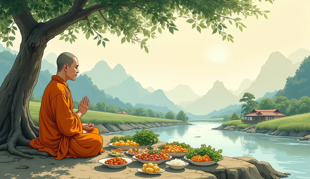 Buddha gives food to the fish by hand