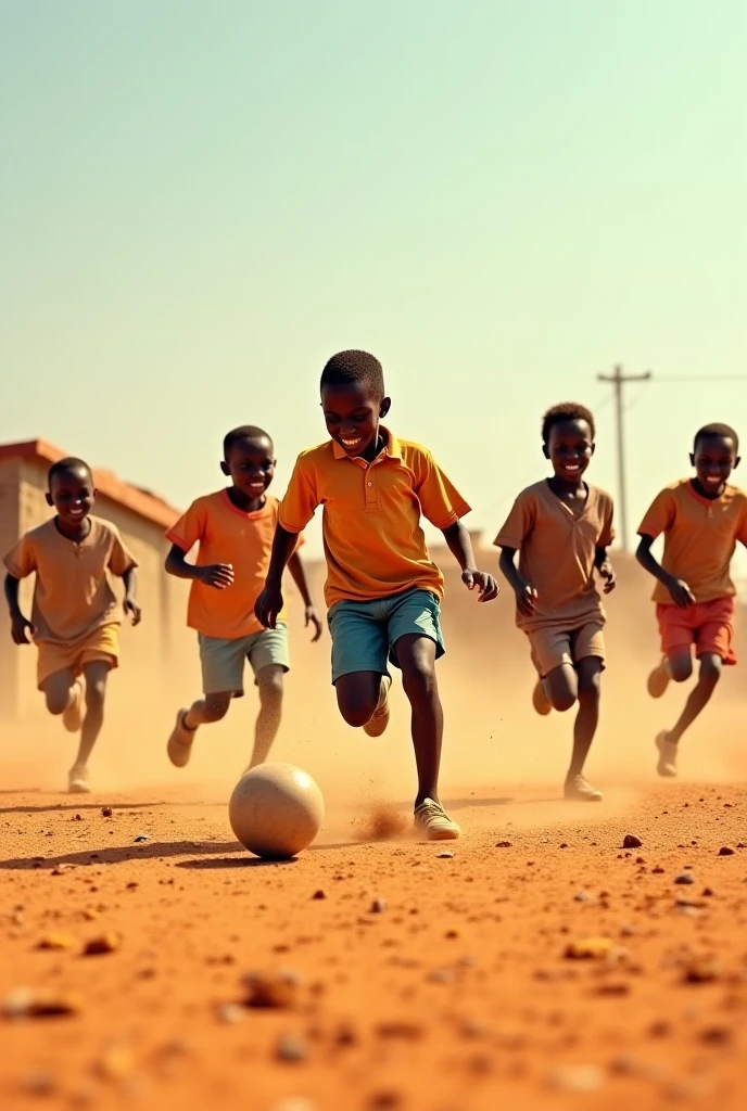Year: 2019
Country: Guinea-Bissau
Description: In the tranquil countryside of Gabú, a small group of children engages in a playful game of soccer on a sun-drenched field. Their vibrant uniforms contrast with the lush greenery, capturing the carefree spirit of youth in a picturesque Wes Anderson-inspired moment.