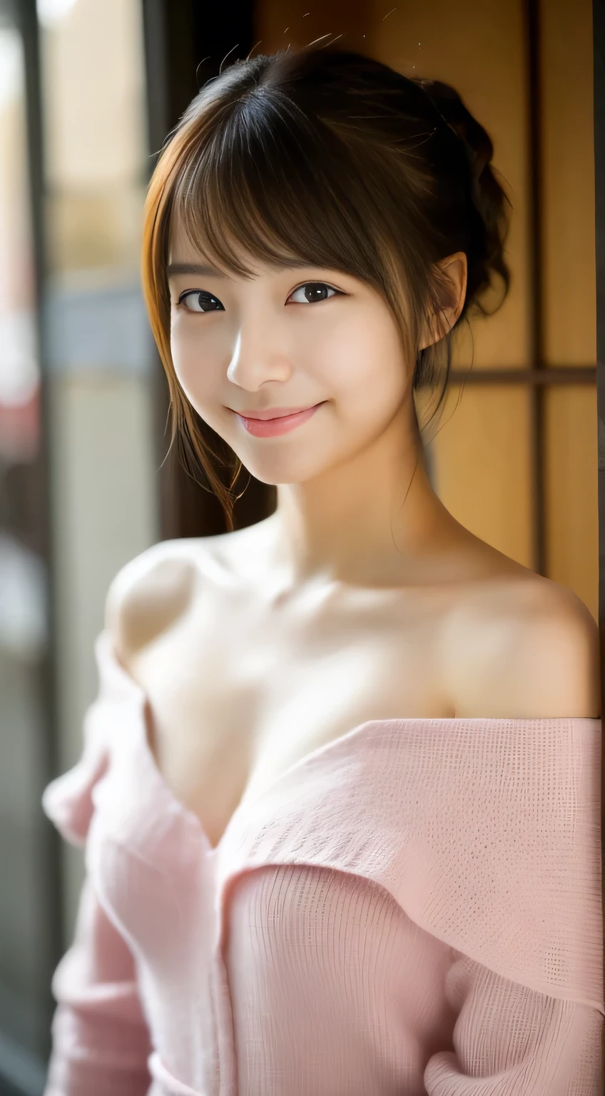 masterpiece,best quality,(Japanese girl),((Beautiful girl)),cleavage,(off shoulder:1.2),(perfect body beauty:1.2),(shy smile),From slightly above