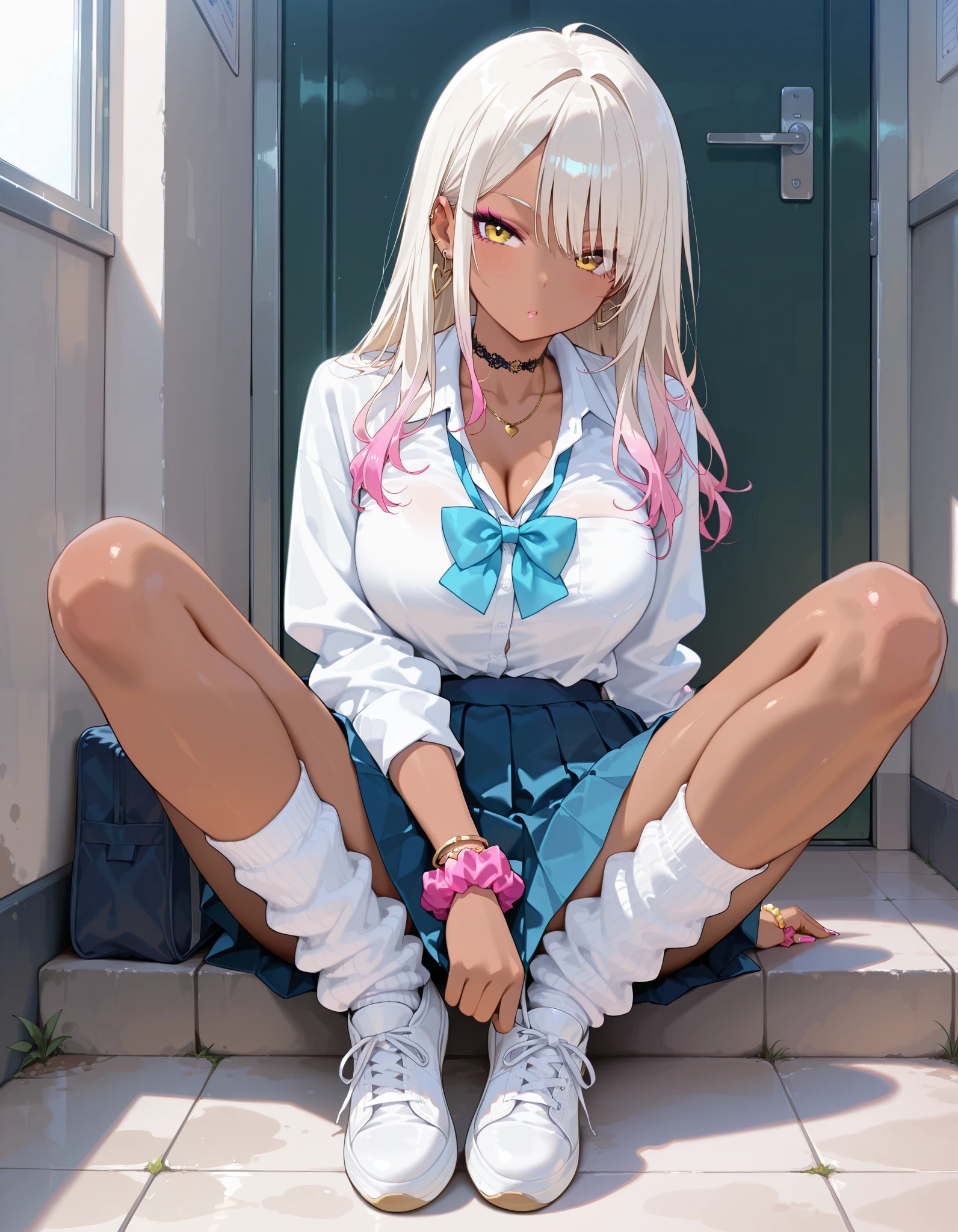 ,gyaru, collarbone, bow, loose bowtie, white shirt, collared shirt, long sleeves, bracelet, wrist scrunchie, blue skirt, pleated skirt,
white socks, white loose socks, (indoor shoes:1.3), (white indoor shoes:1.3), school shoes,
