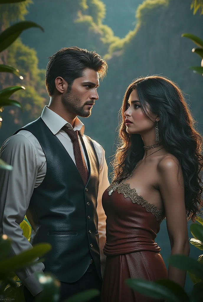 masterpiece, of best quality, Adam And Eve, walking barefoot, holding hands in love, in the bible garden of Eden, both wearing animal clothes ,muito velho com uma barba longa, in a rustic and secret place,(estantes de livros antigoaking magic potions and giving wise advice].(melhor qualidade,4k,8k,Altas,master part:1.2),ultra-detalhado,[Realistic,fotorrealista,photo-realistic:1.37] Retratos, [Cores escuras e misteriosas], [Subtle and dim lighting], [textura vintage e antiga]
