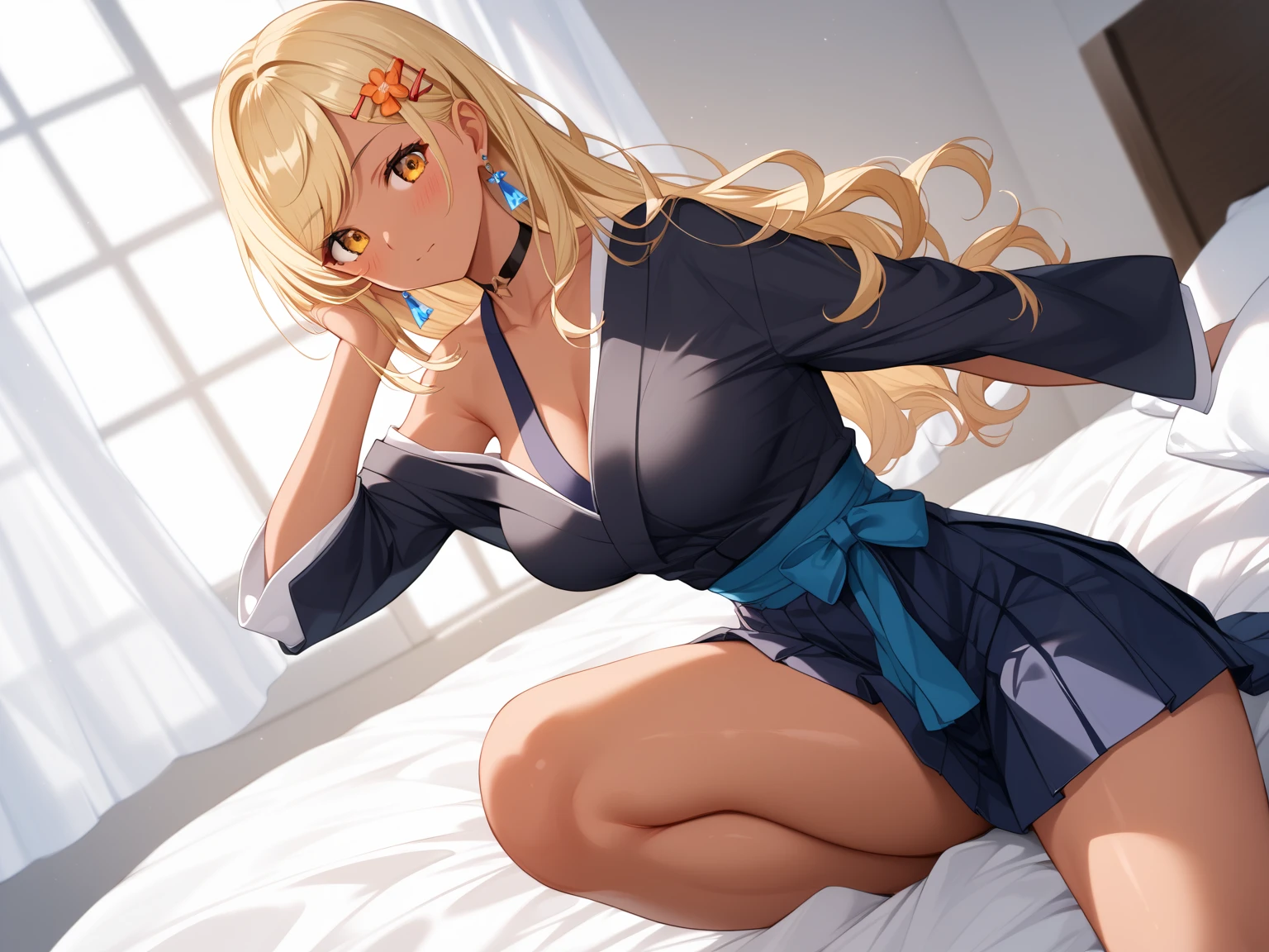 Masterpiece, Best Quality, Official Art, (Highly Detailed CG Unity 8k wallpaper), Detailed background, (Hands by Guido Daniele: 1.1), Feet out of frame, First Person View, 1, Beautiful woman who is attractive and perfect, Lying face down on the bed, Turning back, (Curvaceous), (((Sleepy: 1.14))), (Ass sticking out, Pajamas, Sleepwear, Underwear, White thighs: 1.12), ( Blonde Long Hair: 1.12), (Ahoge: 1.13), (High Ponytail: 1.12), (Green Eyes: 1.13), Look at the Beholder, Big, (cleavage), Beautiful Face, (Blush: 1.11), (Smile: 1.11)