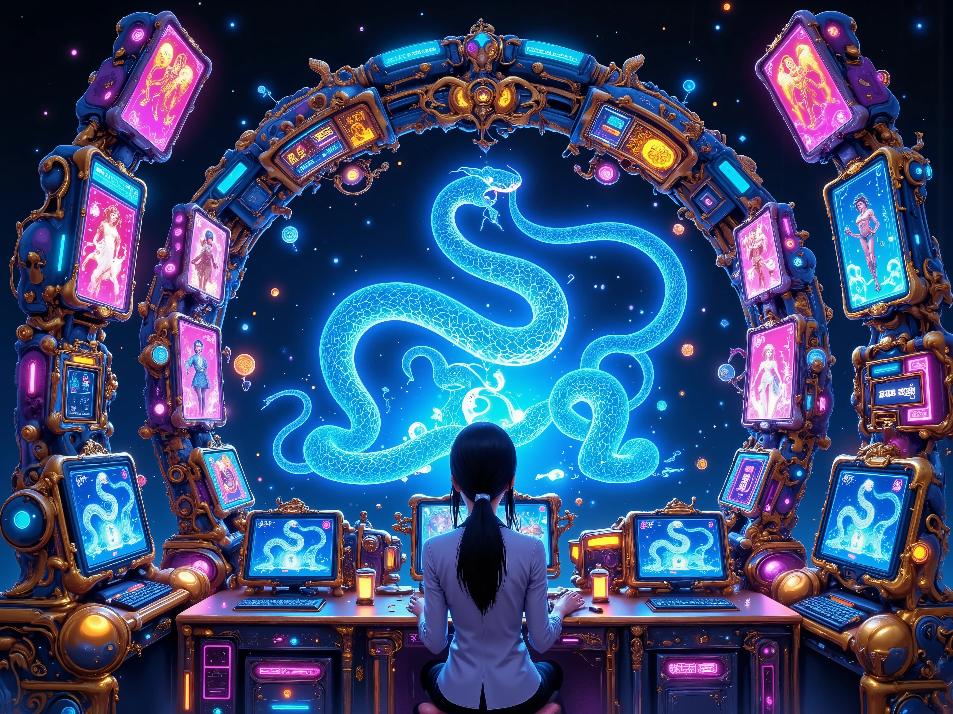 (Add text"zodiac　the Year of the Snake", holographic huge font:2) {x} , Zodiac personification,      Characters       選択画面、(#       Characters       :Snake character),Snake character を選択,Centered, game screen,Character selection screen:2), videogamestatus,statuscreen,Next to horse characters,The game center of the future,3 screens 、hologram enclosure、Player sitting in a console