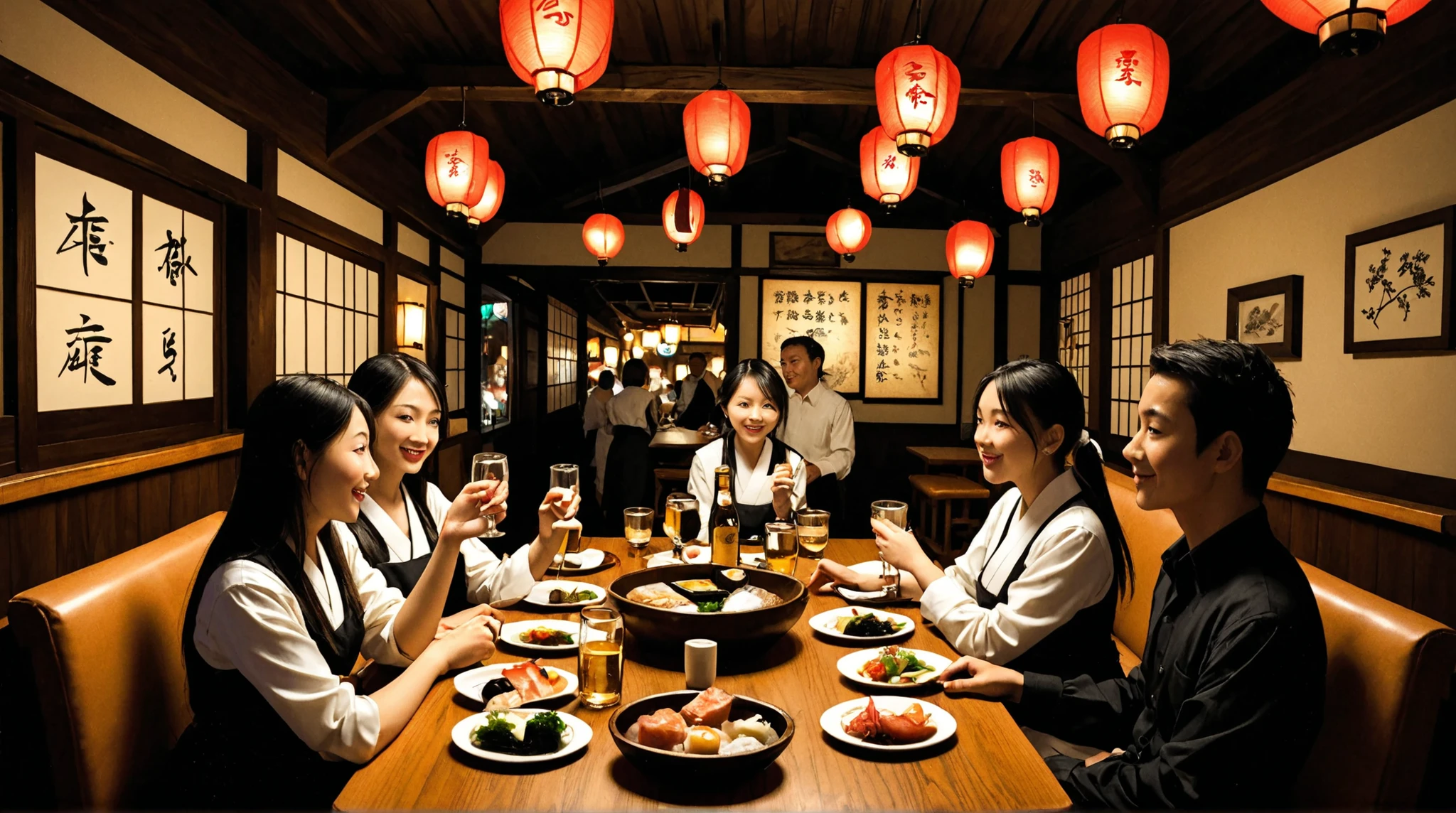 A lively Japanese izakaya scene where four friends, two men and two women, are ordering food and drinks. They are sitting around a wooden table, smiling and chatting while looking at the menu. One of them is raising their hand to call the waiter. The izakaya has a warm, cozy atmosphere with dim lighting, red paper lanterns hanging from the ceiling, and shelves lined with sake bottles. The walls are decorated with traditional Japanese posters and handwritten menus. The table is filled with small plates of appetizers and beer mugs, capturing the joy and energy of a night out.