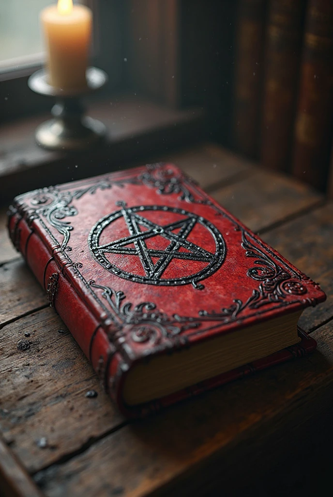 There is an image of a book with a red pentagram on it, spell book, Grimoire Page, grimoire, pentacle, Intricate secret Wiccan patterns, The Ritual of Demonic Magic, Home Wicca Scene, Chaos Magic, Floating Spell Book, Occult aesthetics Alchemy, Style "Necronomicon", Pagan occultism, Grimoire Holding