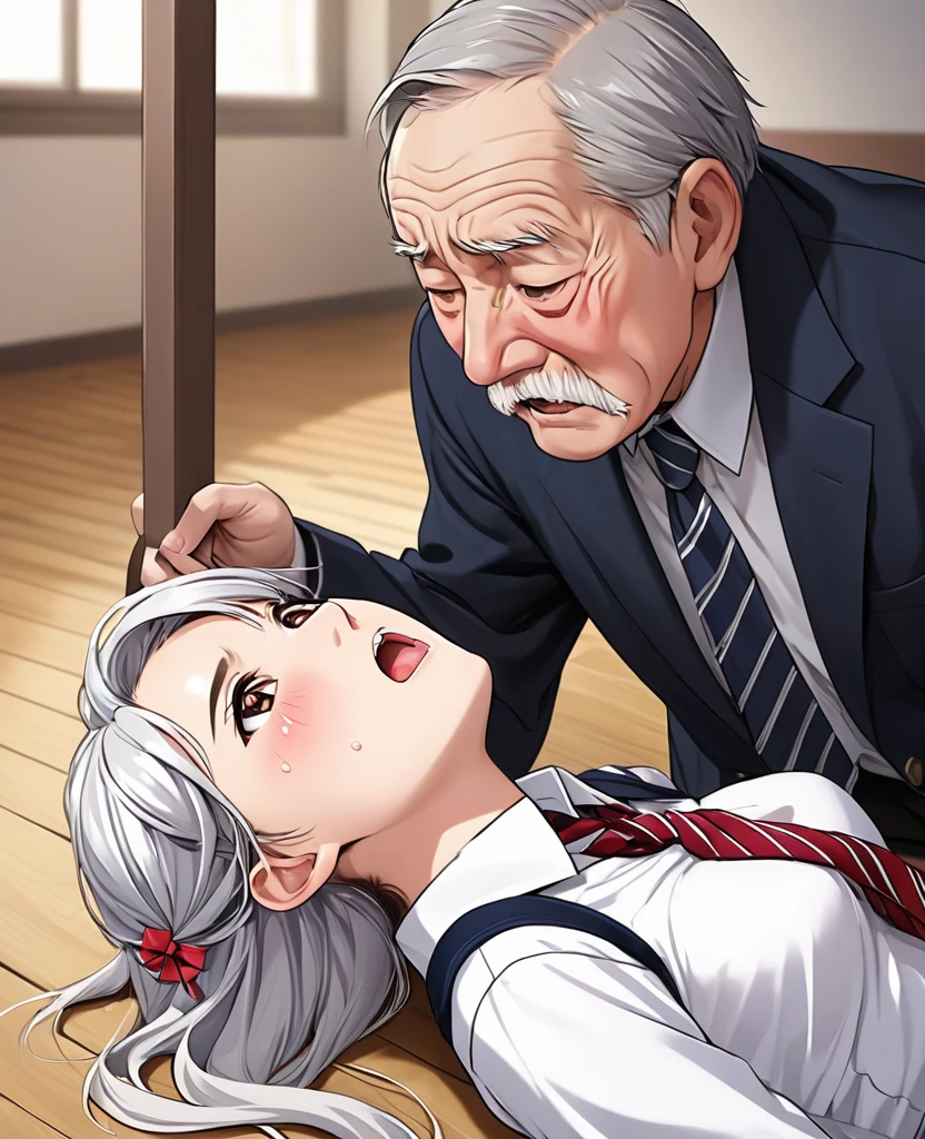 (nsfw:1.5),((One girl, 1. A strong old man)), (Skirt flip:1.4), ((Old man grabs woman's waist)), The old man laughs evilly, Huge breasts:1.7, Anime cel painting style, Highest quality, High resolution, Huge breasts:1.8, good, High leg panties,blue eyes, Purple Hair, bangs, Side Ponytail, hair ornaments, Embarrassing, fear, blush, View Viewer, whole body、(((Completely naked:1.8)))、He is moving his hands violently to his crotch