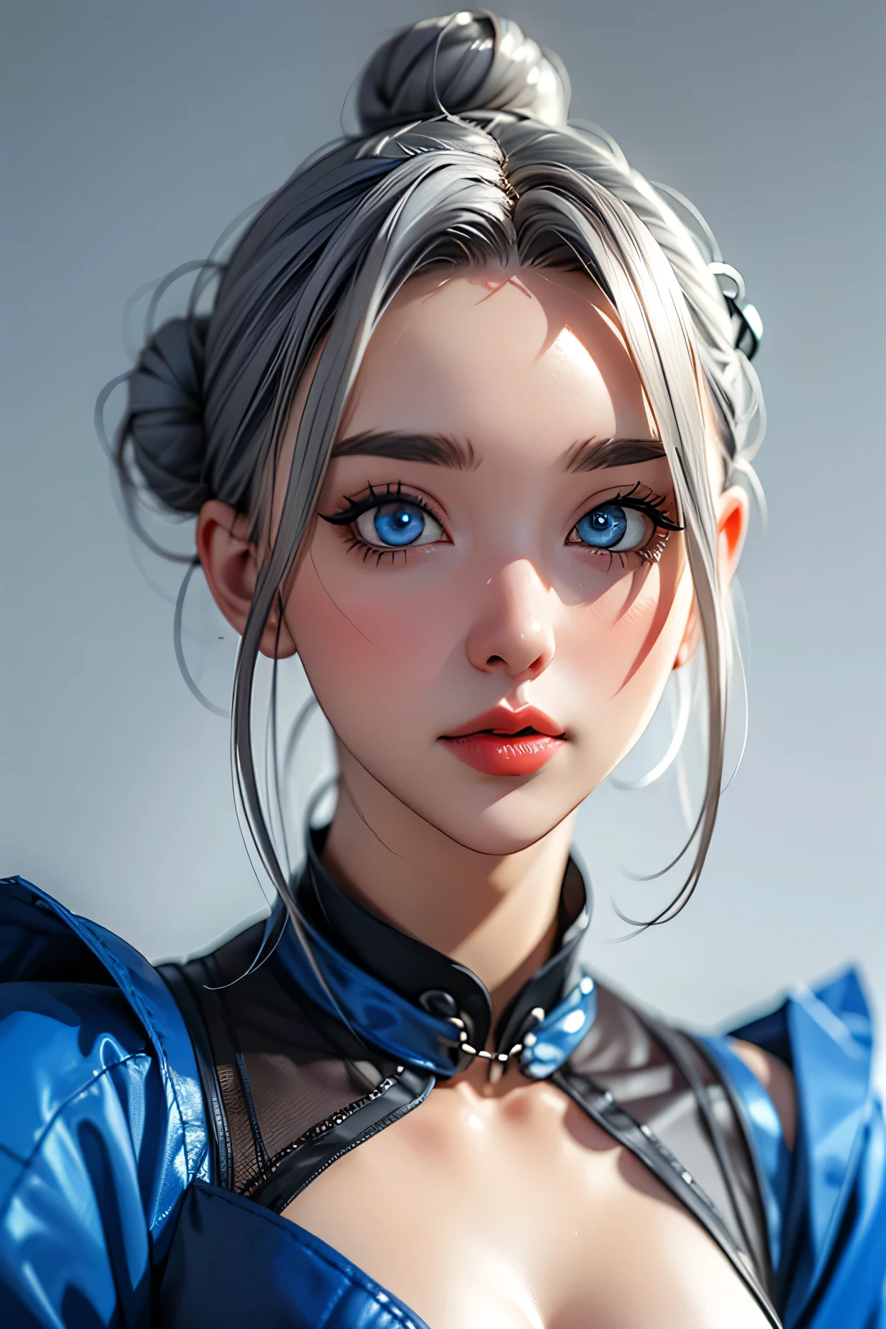 simple background, perfect face, (hair bun, bright silve hair), (forehead), black thin eyebrows, (big glowing blue eyes), thick red lipstick, beautiful woman, fantasy medieval clothes, medium breasts, (pov), (looking at viewer)