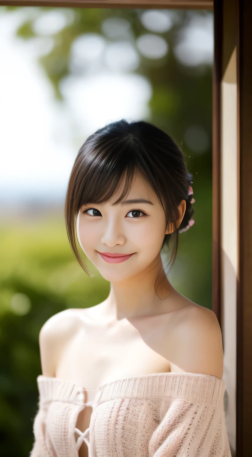 masterpiece,best quality,(Japanese girl),((Beautiful girl)),cleavage,(off shoulder:1.2),(perfect body beauty:1.2),(shy smile),From slightly above