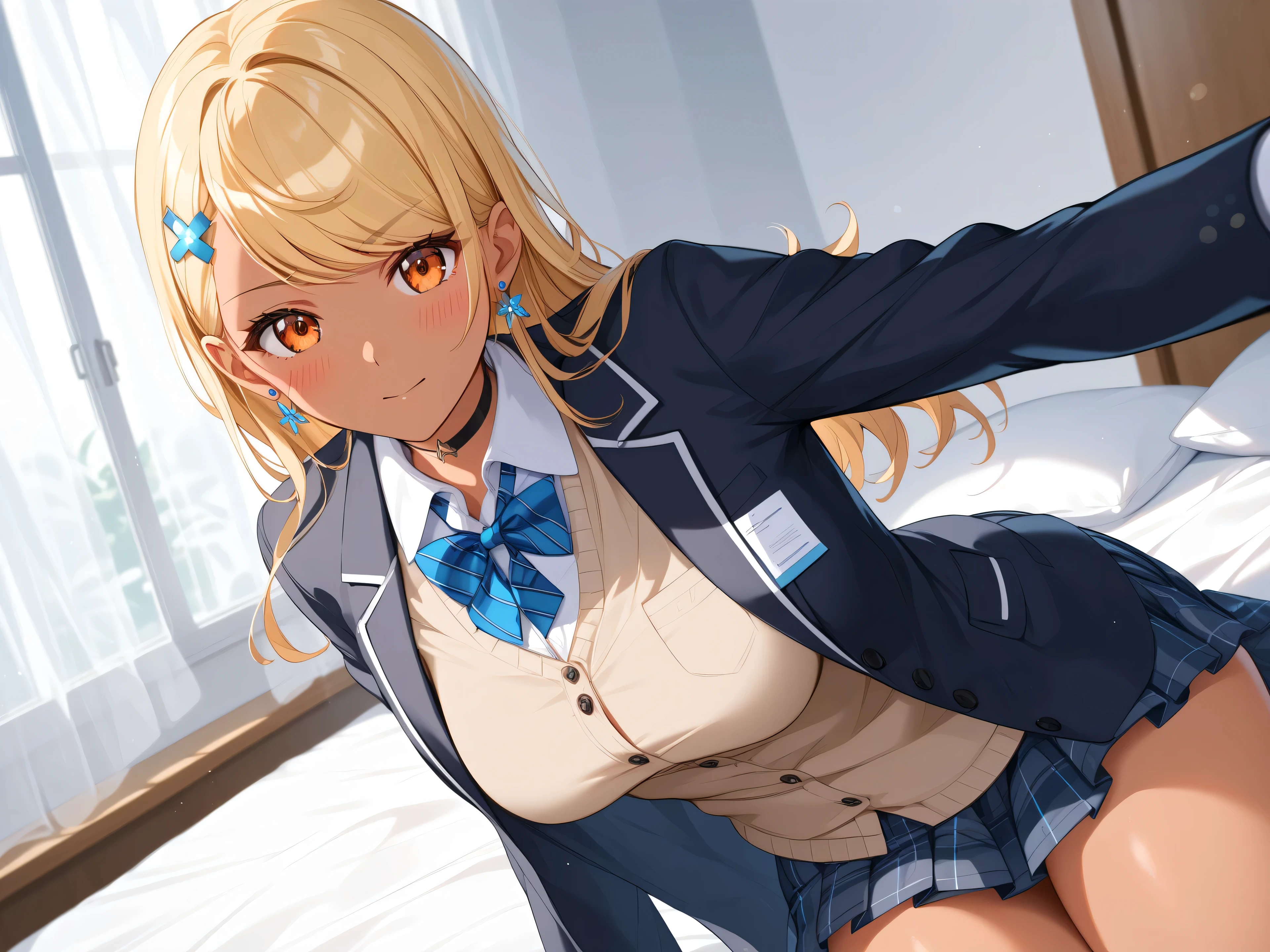 master piece、Best Quality,Super detailed,High resolution,Extremely detailed CG,Unity 8K Wallpaper,weat,score_9, score_8_up, score_7_up, score_6_up, score_5_up, score_4_up, source_anime,QpiOriginal, orange eyes, dark skin, blonde hair, long hair, swept bangs, flower hairclip, blue earrings, black choker,school uniform,professional quality、big hip、medium breasts,nsfw,bed room,nsfw,Romanticism、thick thighs,wide hips,NSFW,armpit focus,big butt,Official Art,mature female,perky breasts,arms behind back,arm support,embarrassed,cleft of venus,athletic female