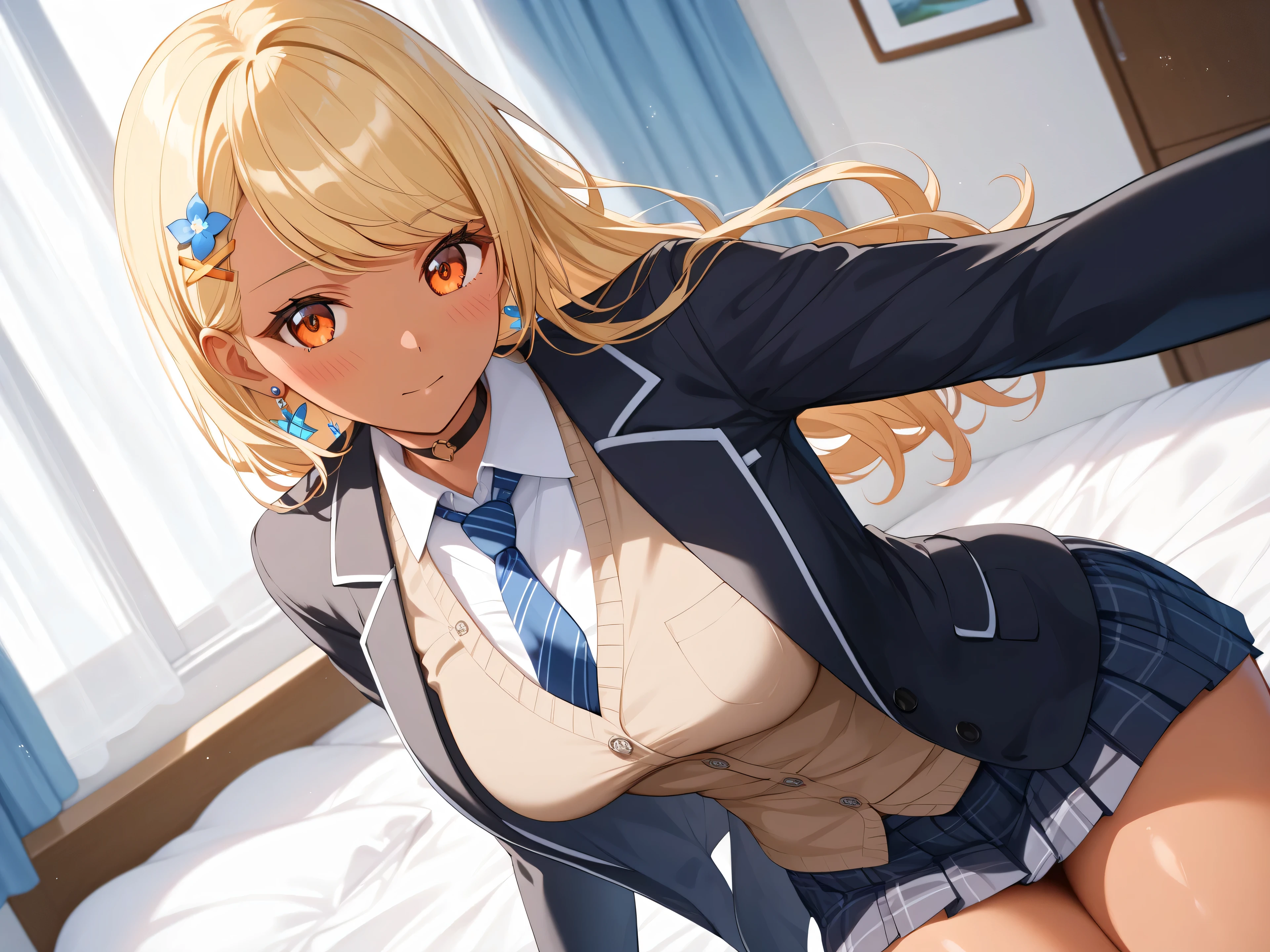 master piece、Best Quality,Super detailed,High resolution,Extremely detailed CG,Unity 8K Wallpaper,weat,score_9, score_8_up, score_7_up, score_6_up, score_5_up, score_4_up, source_anime,QpiOriginal, orange eyes, dark skin, blonde hair, long hair, swept bangs, flower hairclip, blue earrings, black choker,school uniform,professional quality、big hip、medium breasts,nsfw,bed room,nsfw,Romanticism、thick thighs,wide hips,NSFW,armpit focus,big butt,Official Art,mature female,perky breasts,arms behind back,arm support,embarrassed,cleft of venus,athletic female