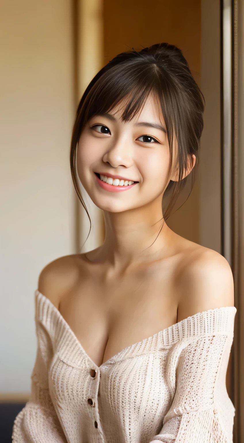 masterpiece,best quality,(Japanese ),((Beautiful girl)),cleavage,(room),(perfect body beauty:1.2),(shy smile),beautiful teeth,