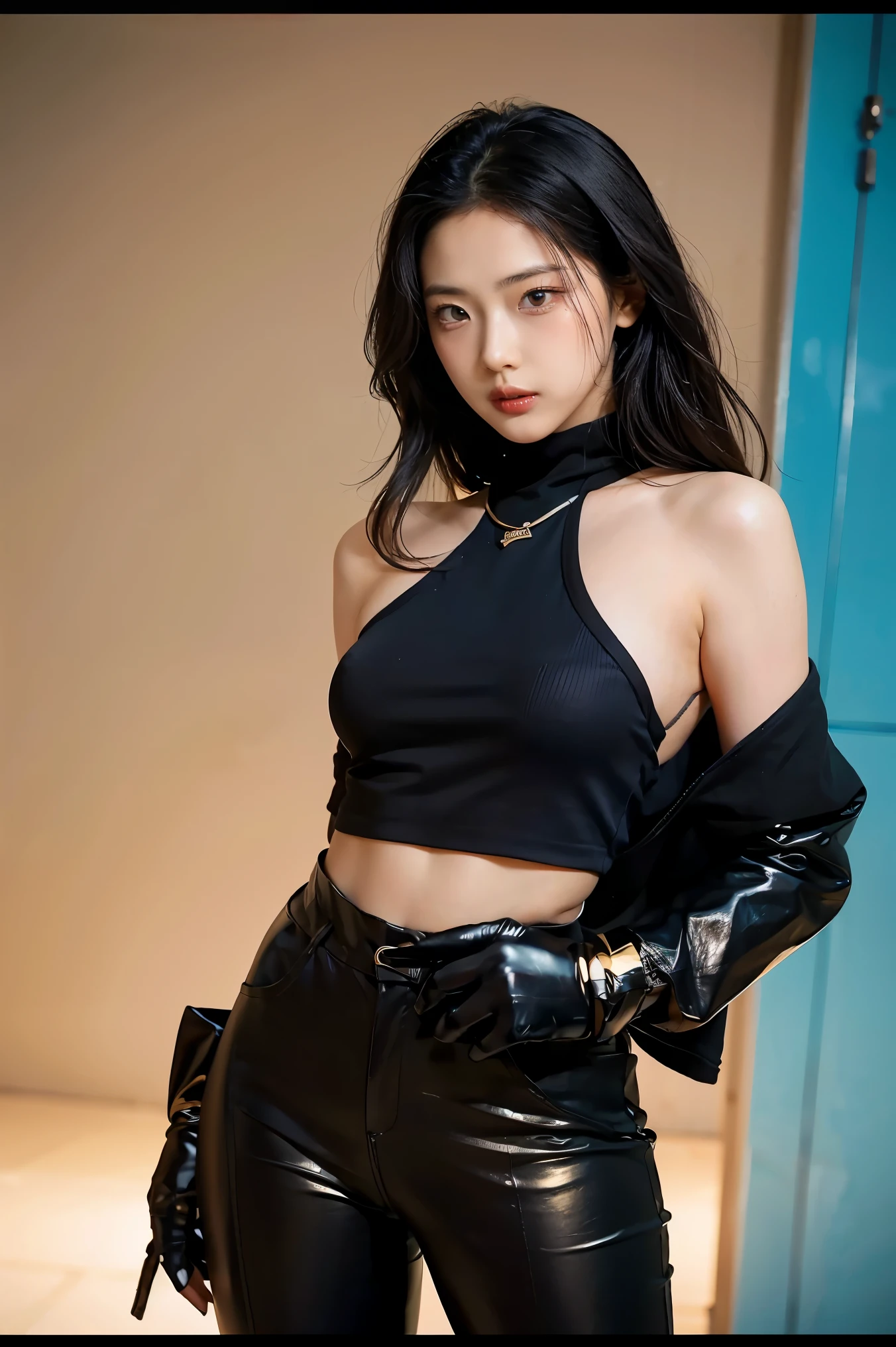 A petite, elegant woman in black hoodie with a strong, confident demeanor, standing approximately 5'2". She has shoulder-length black hair that flows gently around her face, almond-shaped eyes, and a soft, radiant complexion. She wears a sleek combat outfit (black hoodie and trousers), featuring ((Metallic gloves that glowing with a golden aura around them)), she assumes an offensive stance and(( puts her guard up)).