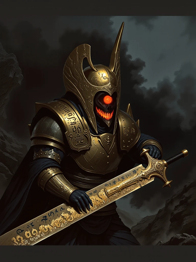 yellow and black, a medieval deformed demon with sharp claws, in the style of Mork Borg, strong contrast, grunge dirty punk splash art, black metal zine