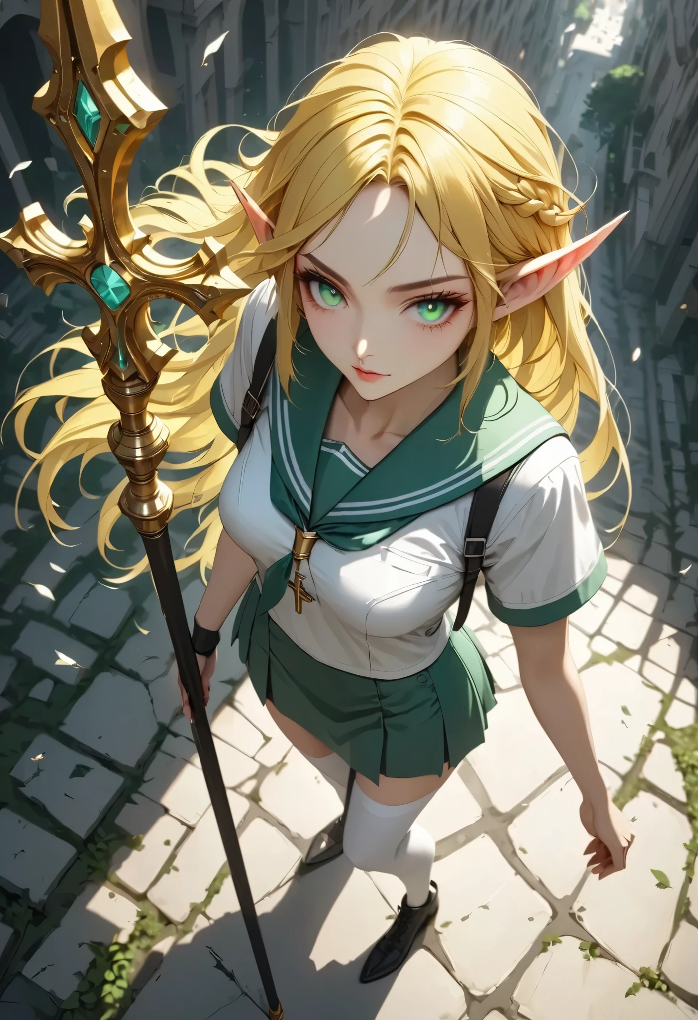 (masterpiece, best quality:1.2), a woman, solo, standing posing, looking for forward, Full body, from above,
elf, pointy ears, braided hair, yellow hair, green eyes, detailed eyes,
BREAK job: bishop,
Costume: mint sailor uniform, short skirt, short sleeve, white stocking,
Equipment: holding weapon, cleric cross staff, (wind),
character "Elof",