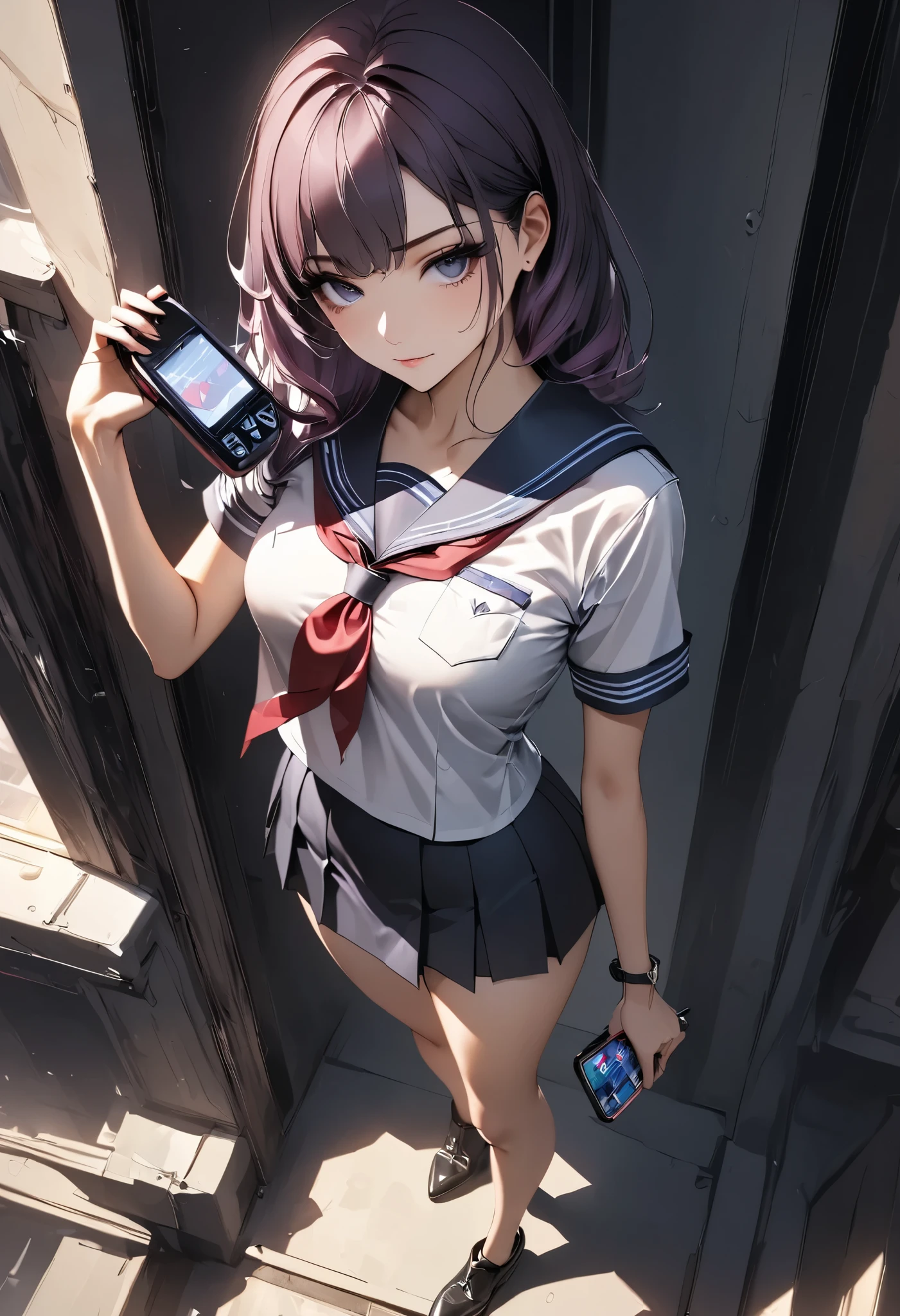 (masterpiece, best quality:1.2), a woman, solo, standing posing, looking for forward, Full body, from above,
BREAK job: A female teacher who likes cosplay,
Costume: JK sailor uniform,
Equipment: She is (holding a Feature Phone in her hand),
character "JK",