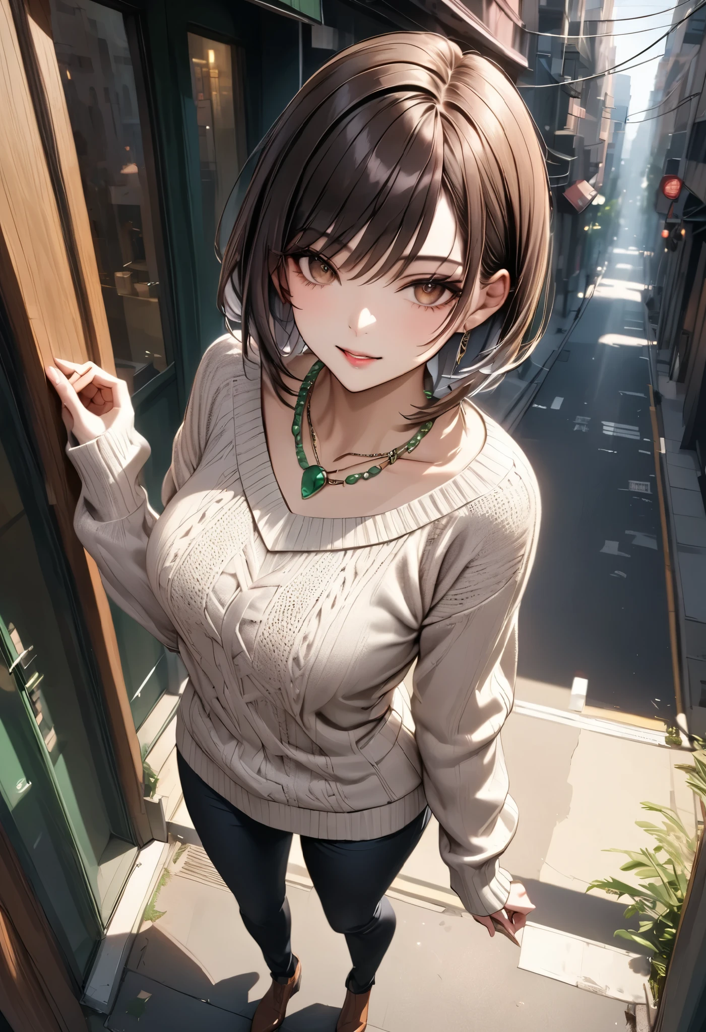 (masterpiece, best quality:1.2), a woman, solo, standing posing, looking for forward, Full body, from above,
detailed brown hair, brown eyes,
BREAK job: Psychic,
Costume: Wearing a hand-knitted sweater,Beige, Street Casual,
Equipment: Transparent jade necklace,
character "haruna",