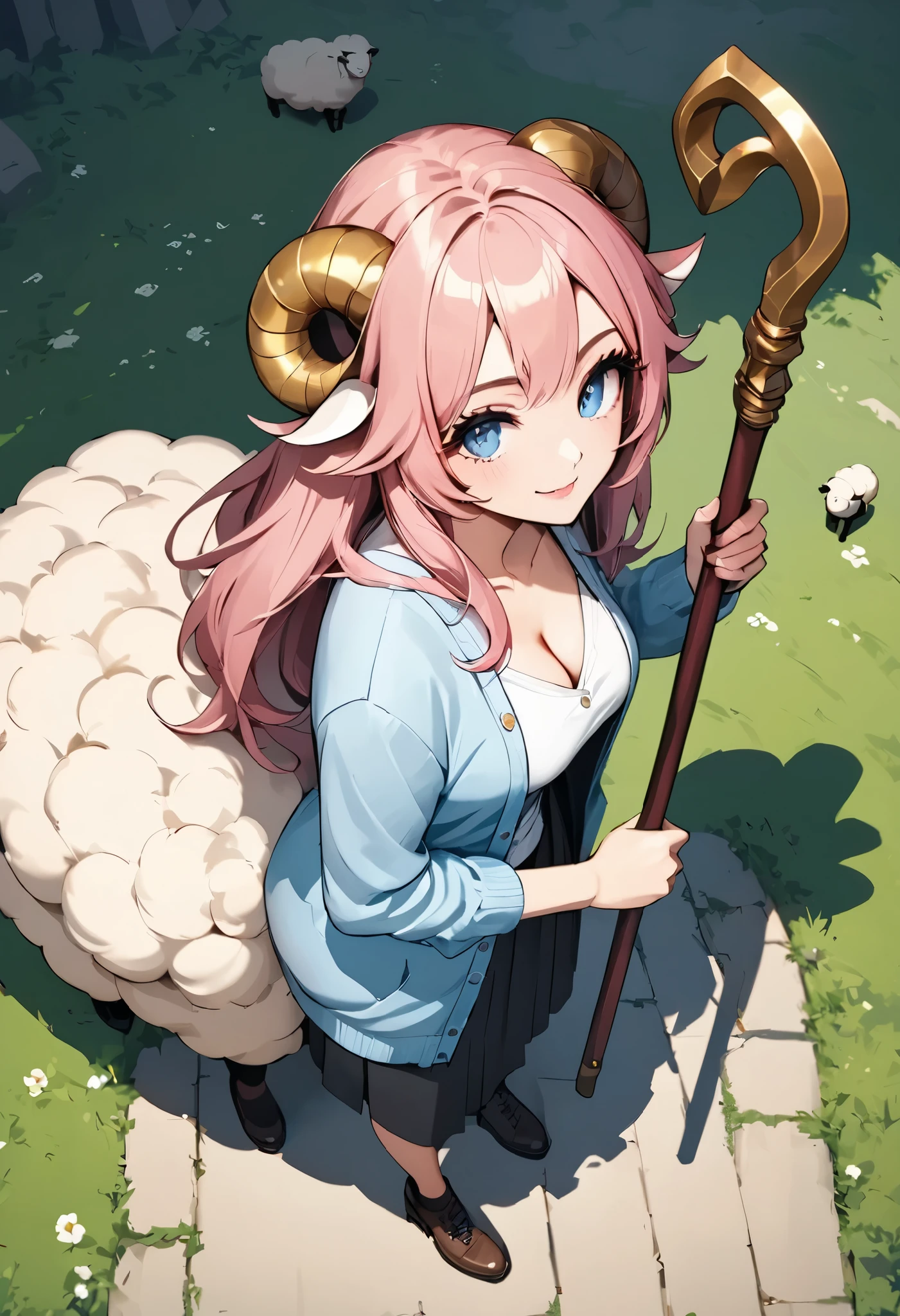 (masterpiece, best quality:1.2), a woman, solo, standing posing, looking for forward, Full body, from above,
pink hair, very cute face,
BREAK job: Canvasser,
Costume: She is wearing a light blue cardigan,
Equipment: She holds a shepherd's crook, a magical protection,
character "sheep girl",