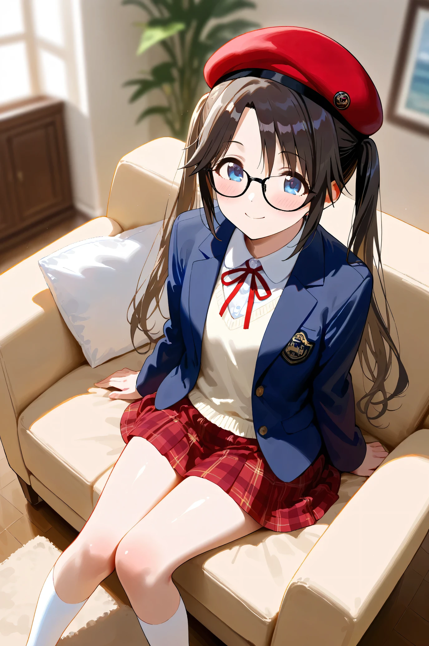 (Masterpiece), (Highest quality), (Very detailed),
(The best shape), (Best shadow), (Absurd),
(Detailed Background), (So beautiful), Shiny,
Beautiful eyes in every detail, Extraordinary, Countershading, 8k, 32K, High resolution,
Very Detailed CG, UHD,
Score_9, Score_8_up, Score_7_up, Source_anime,
(Pastel painting:1.2), (Watercolor painting:1.2),
(Masterpiece, Detailed:1.2), (Foreshortening:1.2),
Cinematic, Dramatic, (Depth of field:1.4),
(Blurry background:1.4), (Realistic background:1.4),
dynamic angle, dynamic pose, from above,
1 girl, Solo,
lndoor, Living room, Sofa, Light brown sofa, Cushion,
Mitsumine Yuika,
the idolmaster shiny colors,
yuikamitsumine, 1girl, solo, black hair, long hair, twintails, High twintails, blue eyes,
Casual wear,
Beret, Red beret, Glasses, Black framed glasses,
Blazer, Open blazer, Long sleeves blazer, Indigo blazer,
Cardigan, Red ribbon,
Skirt, Mini skirt, Red skirt, Checkered Skirt,
Knee-high socks, white socks,
(Blush:1.3),
Upper body, Portrait,
Smile, Happy, Sitting on the sofa,
Focus on face,
Realistic skin,
Shiny skin,