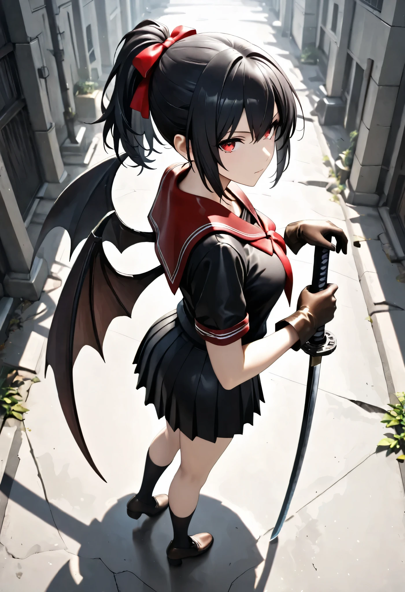 (masterpiece, best quality:1.2), a woman, solo, standing posing, looking for forward, Full body, from above,
(short hair, black hair, ponytail hair with red ribbon, red eyes,
BREAK job: Japanese swordman,
Costume: black and red sailor uniform, short sleeve, (leather gloves), absurdres,
Equipment: She is holding weapon, katana sword, two Bat wings growing on her back,
character "vikomte",
