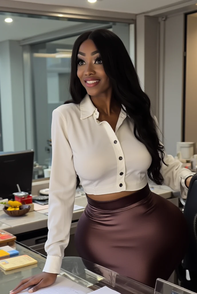 Mixed black ethnicity, curvy girl, long straight hair, sexy skirt, sneakers, bra, sexy pose, hands on the office table