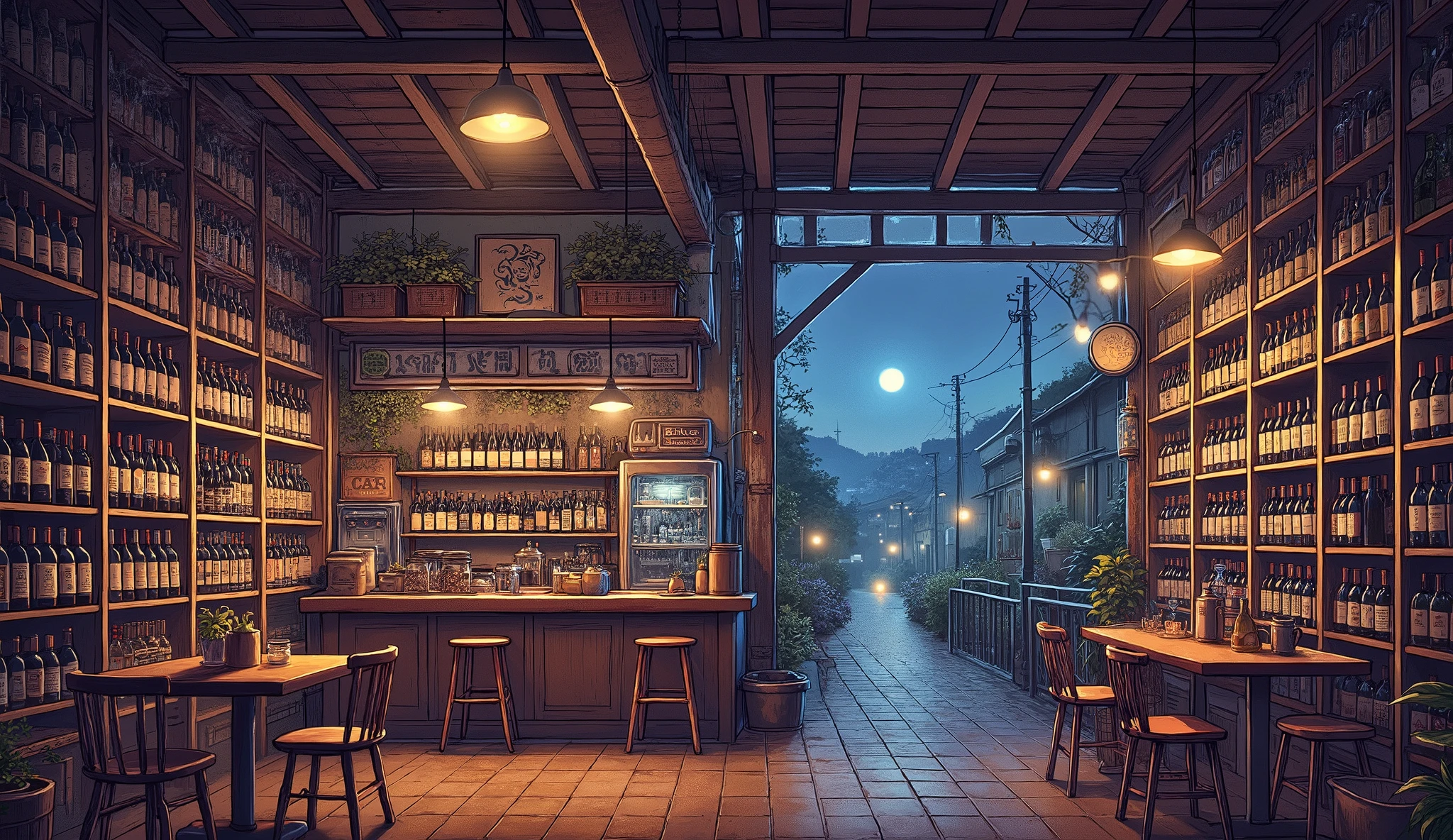 nighttime scene of a small store with a lot of bottles of wine, anime background art, cozy cafe background, style of makoto shinkai, anime background, in style of makoto shinkai, colorful anime movie background, beautiful anime scene, studio glibly makoto shinkai, anime scenery concept art, beautiful anime scenery, anime movie background, anime scenery