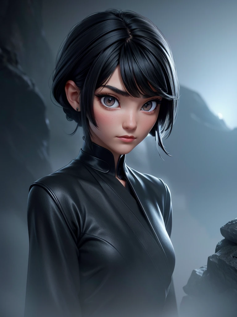 1 sister, Short black messy hair, 黑The eye, mental representation, There  gray fog around, peeking out upper body, dark cave, Torn clothes, 16k