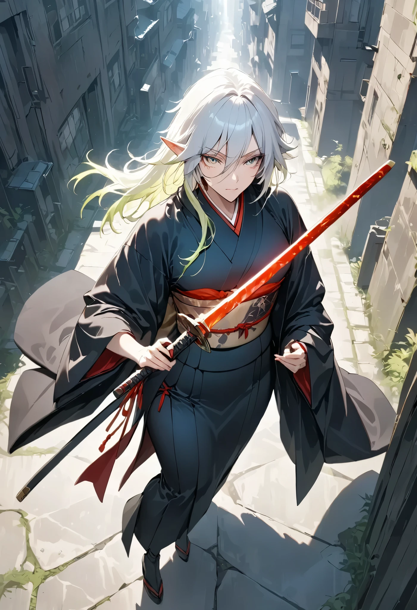 (masterpiece, best quality:1.2), a woman, solo, standing posing, looking for forward, Full body, from above,
half human and half elf\often mistaken for beastman\,
gender: Female,
female special skill: iai,swordplay,
favorite food: sugar candy,
blood type: Type B,
personality: No Brutality, But They tend to look cold even though they are good-natured\,
BREAK job: Bodyguard,
Costume: A Japanese kimono with a white base,
Equipment: She is holding a Iaido sword in her hand,
character "Yubu",
