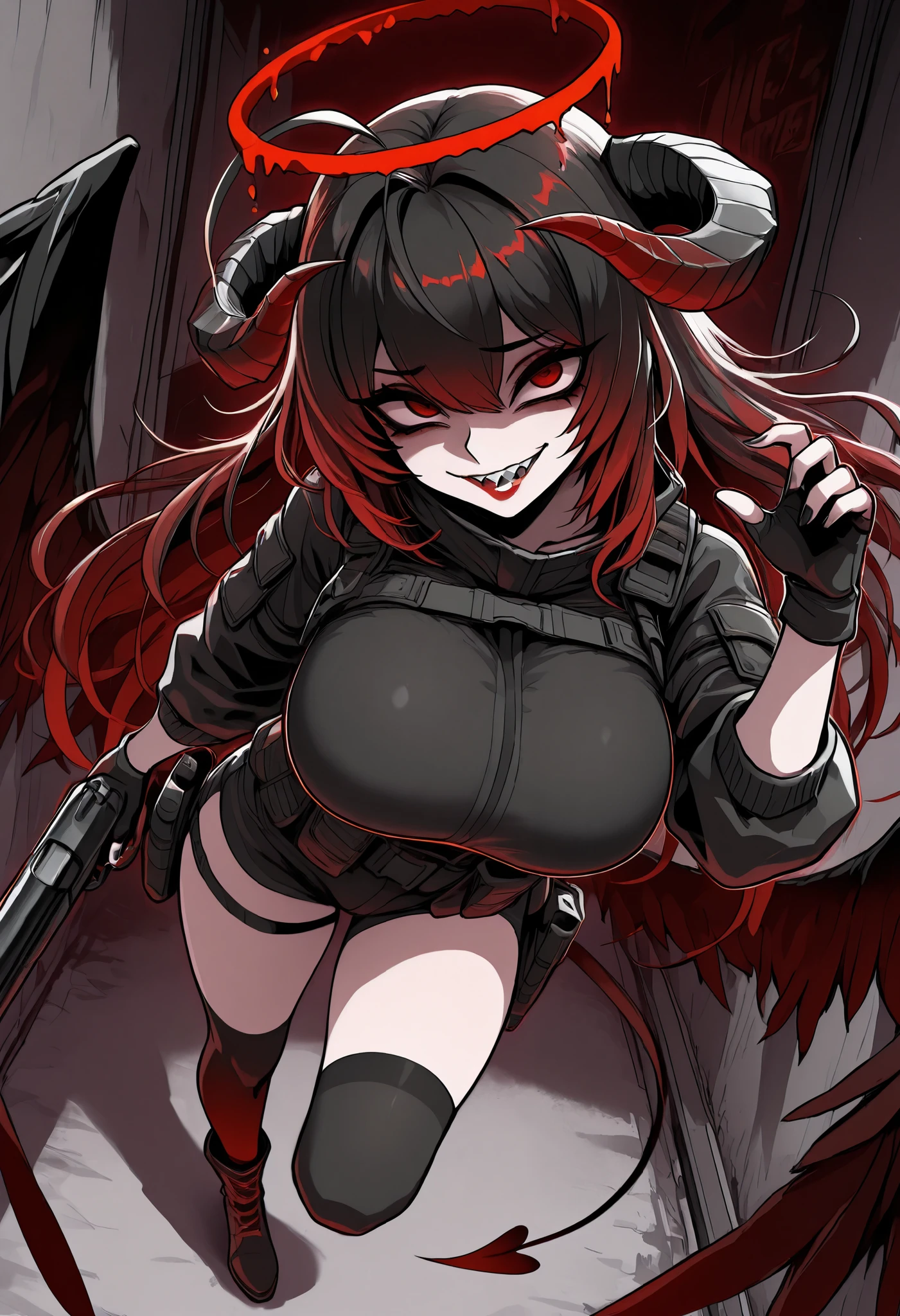 master masterpiece, 4k, highly detailed, subsurface scattering, ultra detailed, extreme detailed eyes, gradient red neon color, full body, near angle, dynamic pose, extremely detailed face, long hair, blod in hair, neck tatto,halo, red eyes, hair eye shadow, wing, thorny wing, featherless wing, bloody halo, horns, black_demon_wings, low_wings, sharp teeth, evil facial expression, antena hair, black nails, big eyes, thick thigh, seductive, sadistic, edgGesugao, facial expression, ahoge, eyeshadow, huge breast, dark, Losse Jacket, fingerless glove, tatical armor, tactical clothing, kneehighs, high boots, goth, makeup, red lips, sawed-off shotgun, sawed-off shotgun in hands