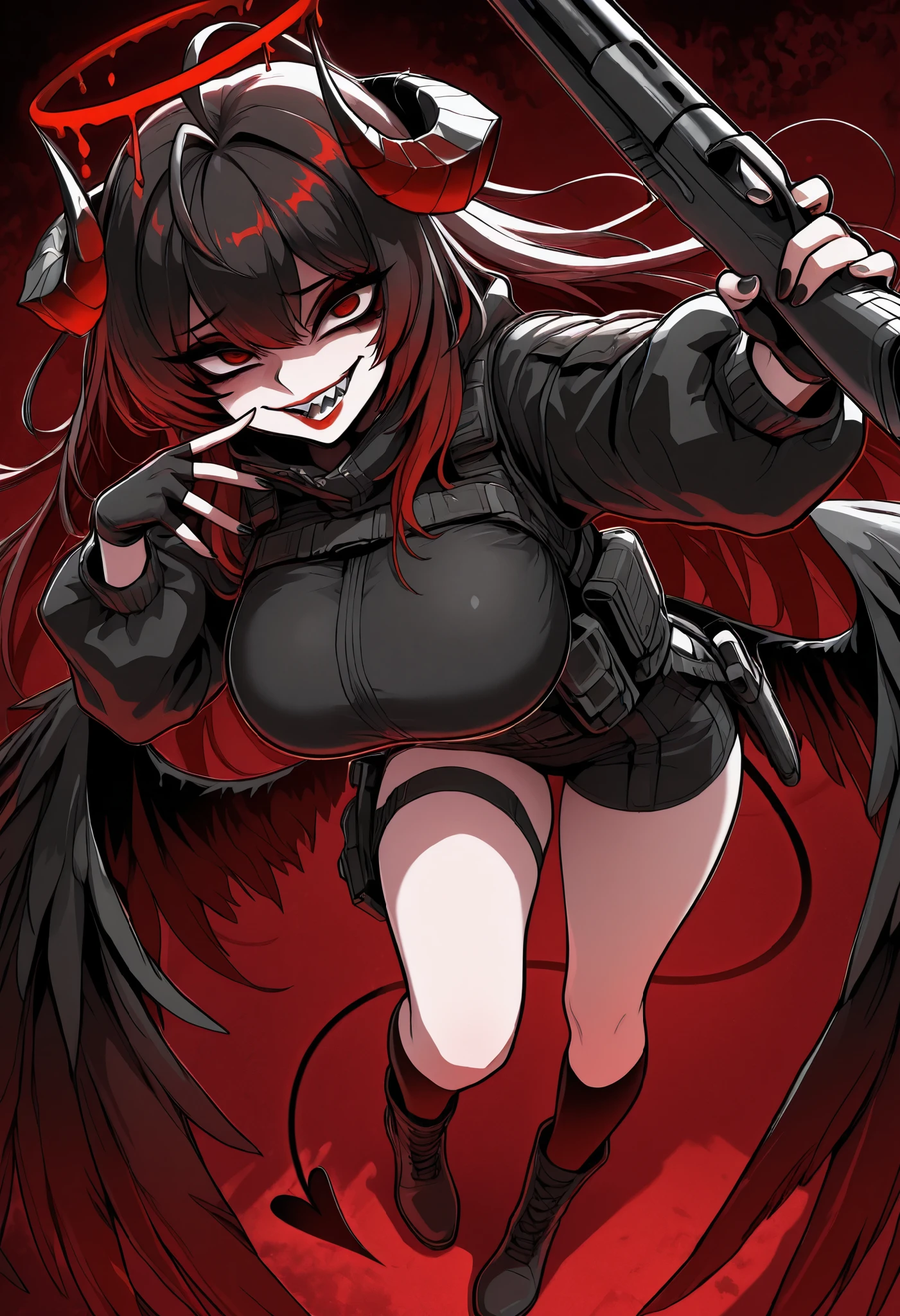 master masterpiece, 4k, highly detailed, subsurface scattering, ultra detailed, extreme detailed eyes, gradient red neon color, full body, near angle, dynamic pose, extremely detailed face, long hair, blod in hair, neck tatto,halo, red eyes, hair eye shadow, wing, thorny wing, featherless wing, bloody halo, horns, black_demon_wings, low_wings, sharp teeth, evil facial expression, antena hair, black nails, big eyes, thick thigh, seductive, sadistic, edgGesugao, facial expression, ahoge, eyeshadow, huge breast, dark, Losse Jacket, fingerless glove, tatical armor, tactical clothing, kneehighs, high boots, goth, makeup, red lips, sawed-off shotgun, sawed-off shotgun in hands