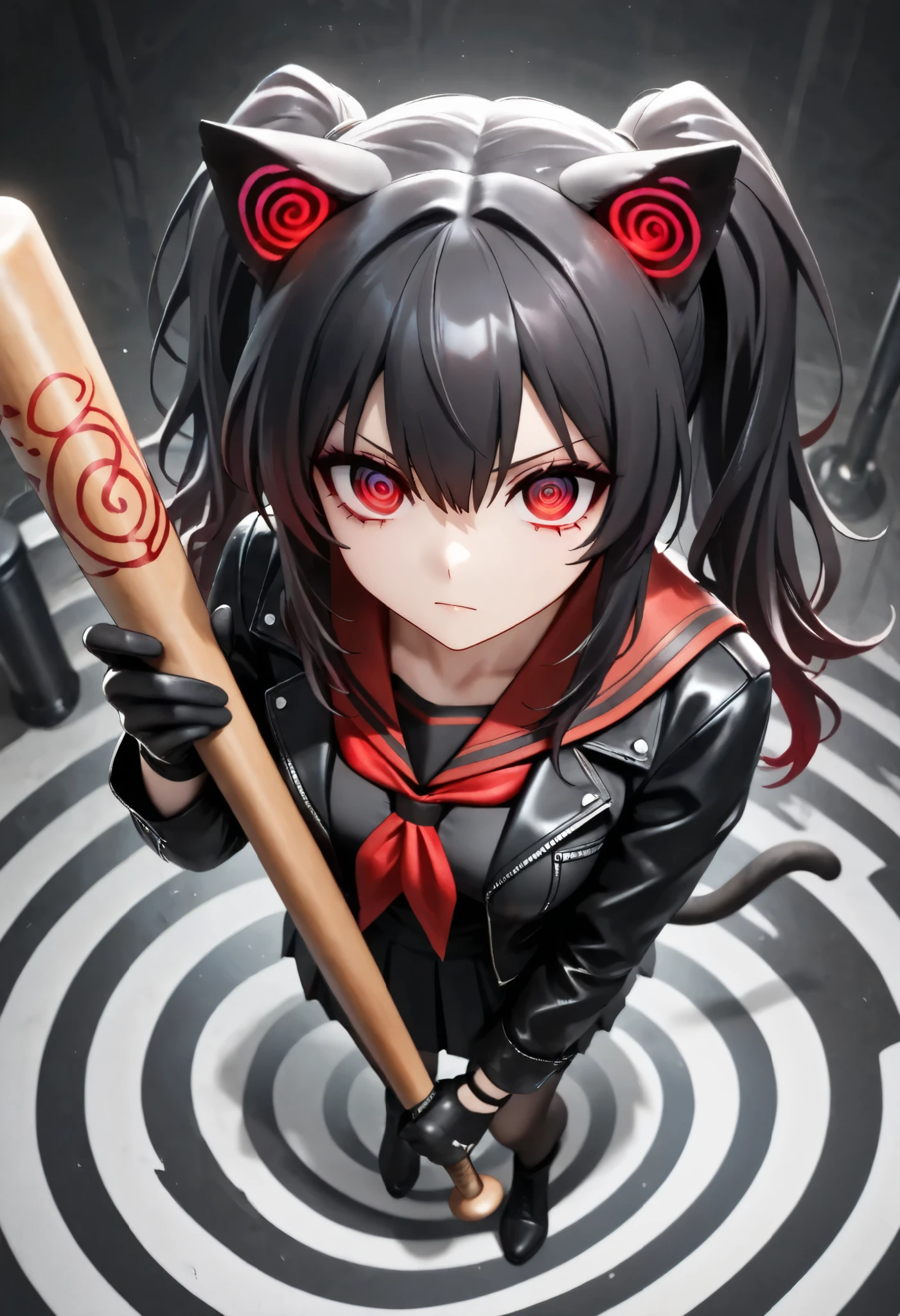 (masterpiece, best quality:1.2), a woman, solo, standing posing, looking for forward, Full body, from above,
long hair, black hair, twintail hair, (spiral red eyes:1.7), cat ears,
BREAK job: Martial Artist,
Costume: black and red sailor uniform, black leather jacket, (punk gloves),
Equipment: (holding weapon, a baseball bat:1.3),
character "punk cat", \hzk\,