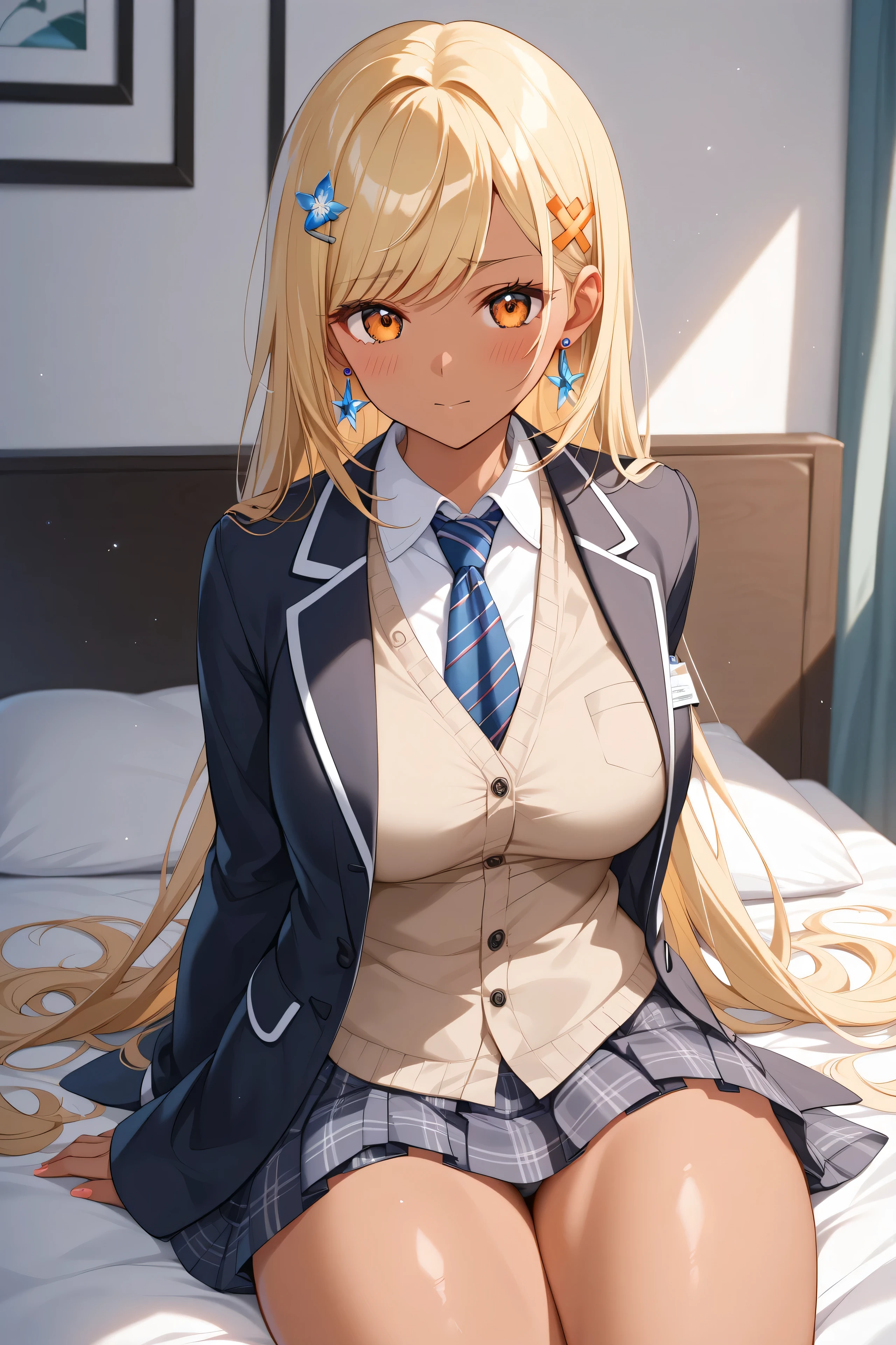 master piece、Best Quality,Super detailed,High resolution,Extremely detailed CG,Unity 8K Wallpaper,weat,score_9, score_8_up, score_7_up, score_6_up, score_5_up, score_4_up, source_anime,QpiOriginal, orange eyes, dark skin, blonde hair, long hair, swept bangs, flower hairclip, blue earrings, black choker,school uniform,professional quality、big hip、medium breasts,nsfw,bed room,nsfw,Romanticism、thick thighs,wide hips,NSFW,armpit focus,big butt,Official Art,mature female,perky breasts,arms behind back,arm support,embarrassed,cleft of venus,athletic female