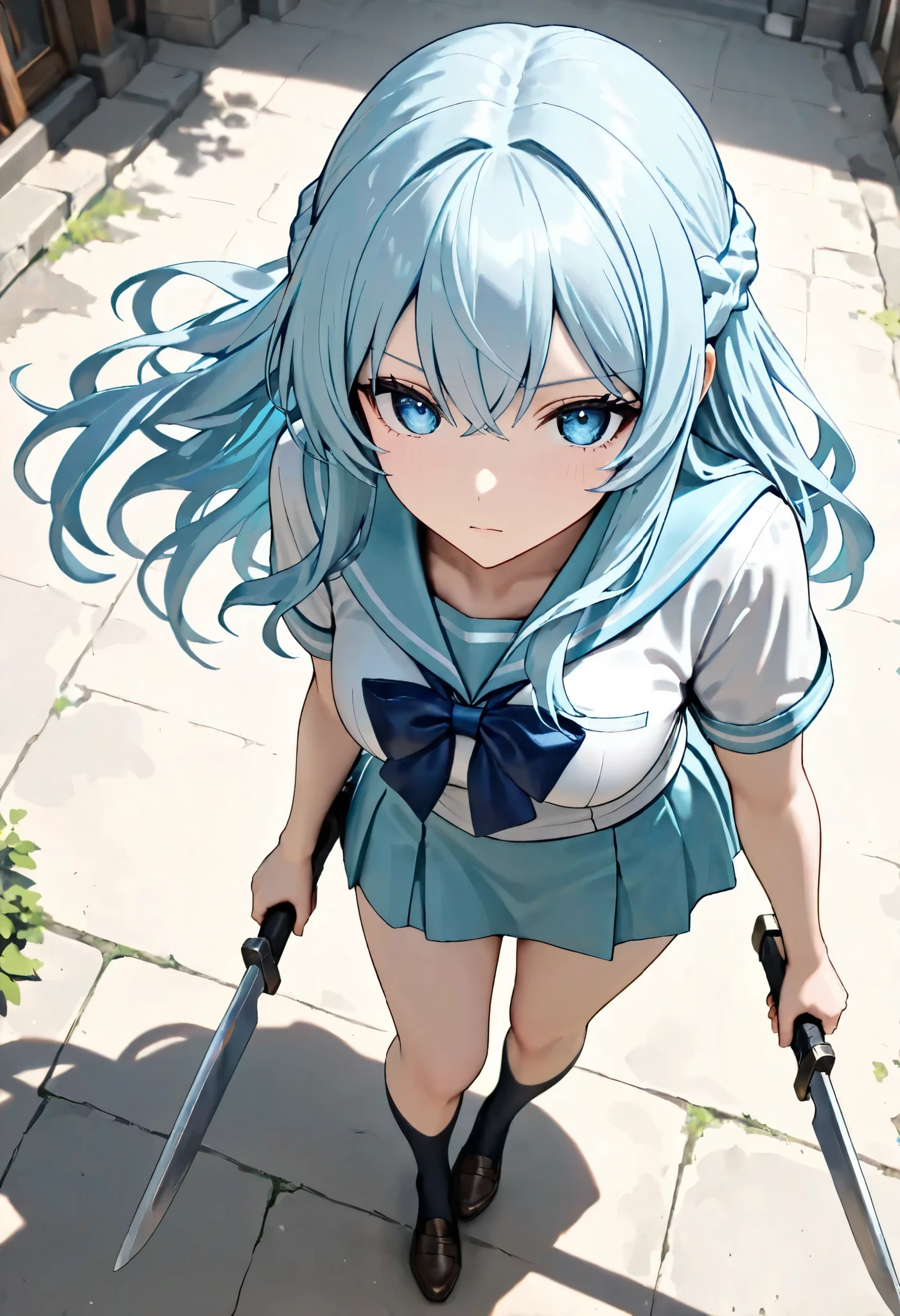 (masterpiece, best quality:1.2), a woman, solo, standing posing, looking for forward, Full body, from above,
long hair, french braided on top hair, light blue hair, blue eyes, detailed eyes,
BREAK job: Assassin,
Costume: light blue sailor uniform, short skirt, short sleeve,
Equipment: She is holding weapon, twin knife,
character "okome-chan",