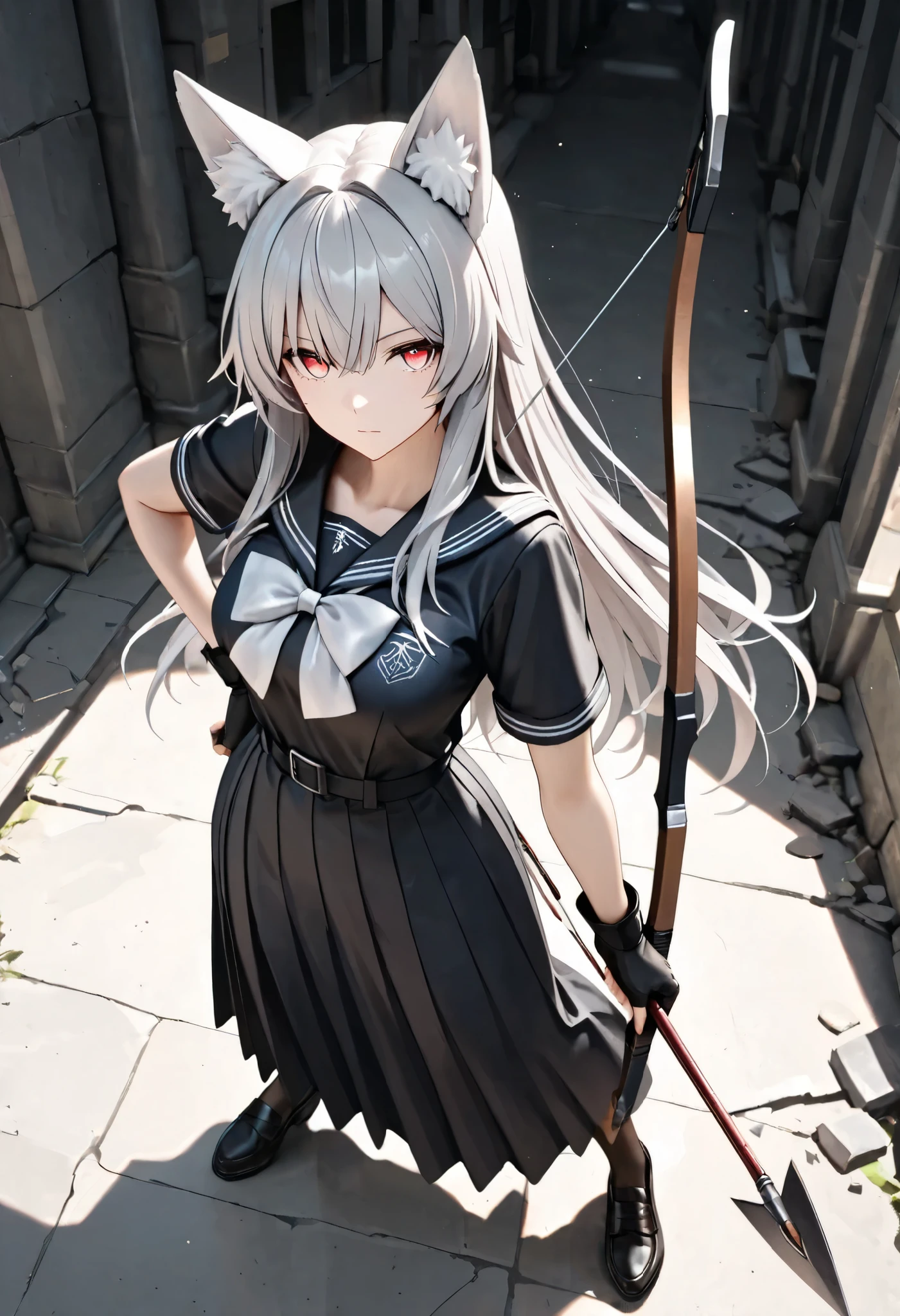 (masterpiece, best quality:1.2), a woman, solo, standing posing, looking for forward, Full body, from above,
fox ears, long hair, gray hair, light red eyes, detailed eyes,
BREAK job: Archer,
Costume: gray sailor uniform, long skirt, short sleeve, fingerless gloves,
Equipment: She is holding weapon, (bow), magic arrow,
character "Rakitune",
