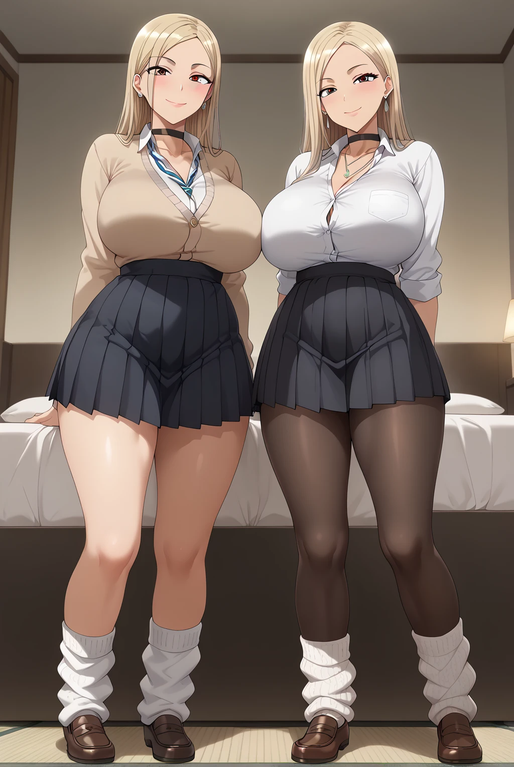 (masterpiece), Highest quality, ((Three Girls, Group photo)), Beautiful body, ((Huge breasts),(Huge breasts),(tenant))))), Blonde, Silver Hair, Twin tails, Braiding, Hair covering the eyes, ((Lean forward)), ((Grinning face))),(Put your hands behind your back), ((Completely naked)), (Bedroom),
