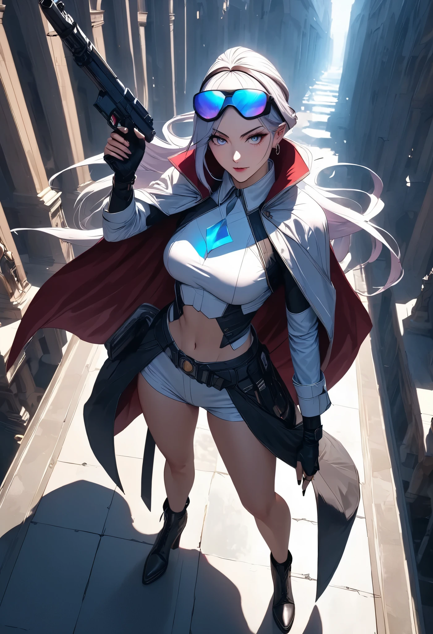 (masterpiece, best quality:1.2), a woman, solo, standing posing, looking for forward, Full body, from above,
BREAK job: The mysterious traveler,
Costume: The cape is wrapped around her waist,
Equipment: She is holding a gun in her hand and wearing sunglasses with holographic lenses on her head,
character "ATLAS",