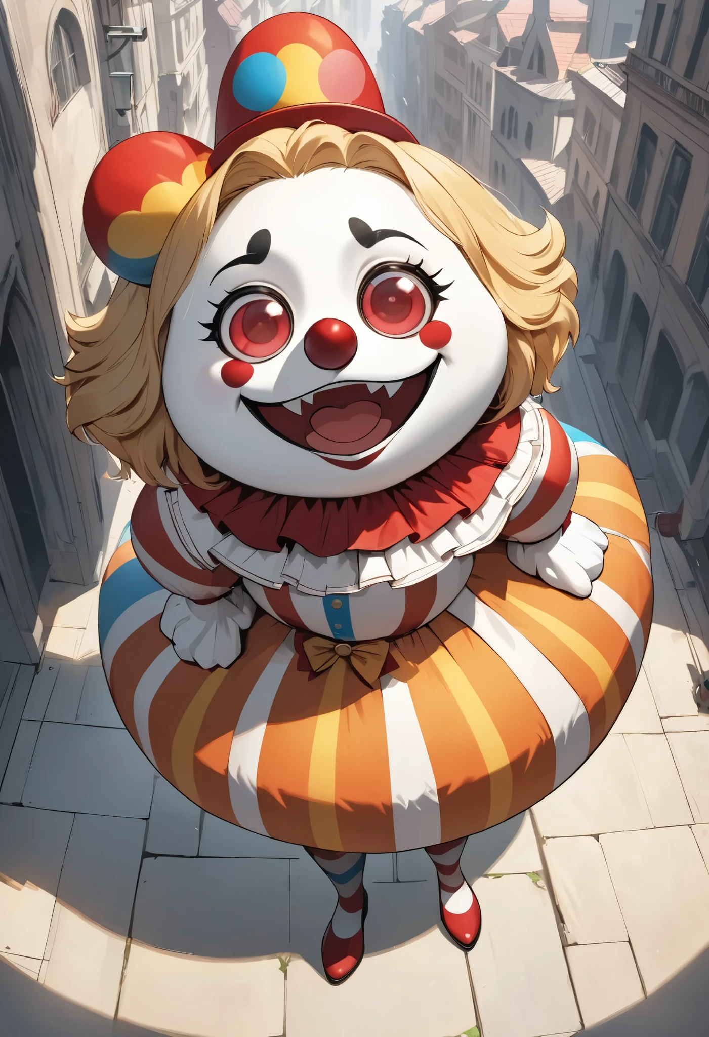 (masterpiece, best quality:1.2), a woman, solo, standing posing, looking for forward, Full body, from above,
Round eyes, very large, SD style,
BREAK job: Clown,
Costume: (cute Mascot Costume:1.3),
Equipment: She is (Holding a fan in hand),
character "hzkchin",