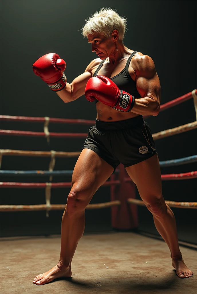A topless female boxer in a sexy pose, striking a powerful stance in an underground boxing arena, intense dramatic lighting, hyper-realistic, highly detailed, cinematic, chiaroscuro lighting, dramatic shadows, moody atmosphere, muscular athletic physique, beautiful eyes, full lips, long eyelashes, gorgeous facial features, dynamic motion blur, aggressive expression, boxing gloves, tattoos, underground boxing ring, concrete walls, dim lighting, atmospheric fog, cinematic composition, photorealistic, 8k, best quality, masterpiece