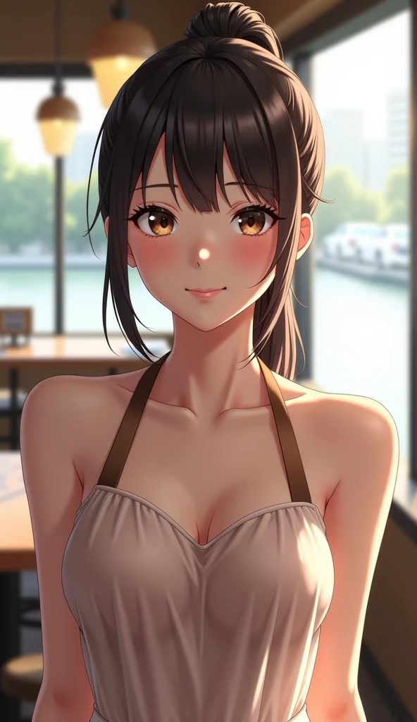 mastute piece,Best Quality,insanely detailed,8k cg,nsfw,
(shoot upper body:1.3),
(1girls:1.3),standing,looking at viewr,(body in front),(both arms behind back:1.4),(maid waitress costume:1.3,),(bare breasts:1.4),break,
(blush:1.2),shy,(ecstasy face),(trembling:1.2),break,(light brown hair:1.2),
break,
perfect breasts,(perfect nipples:1.4),(perfect teats:1.2),(open mouth:0.9),(large breasts:1.4),
(coffee shop:1.1),
