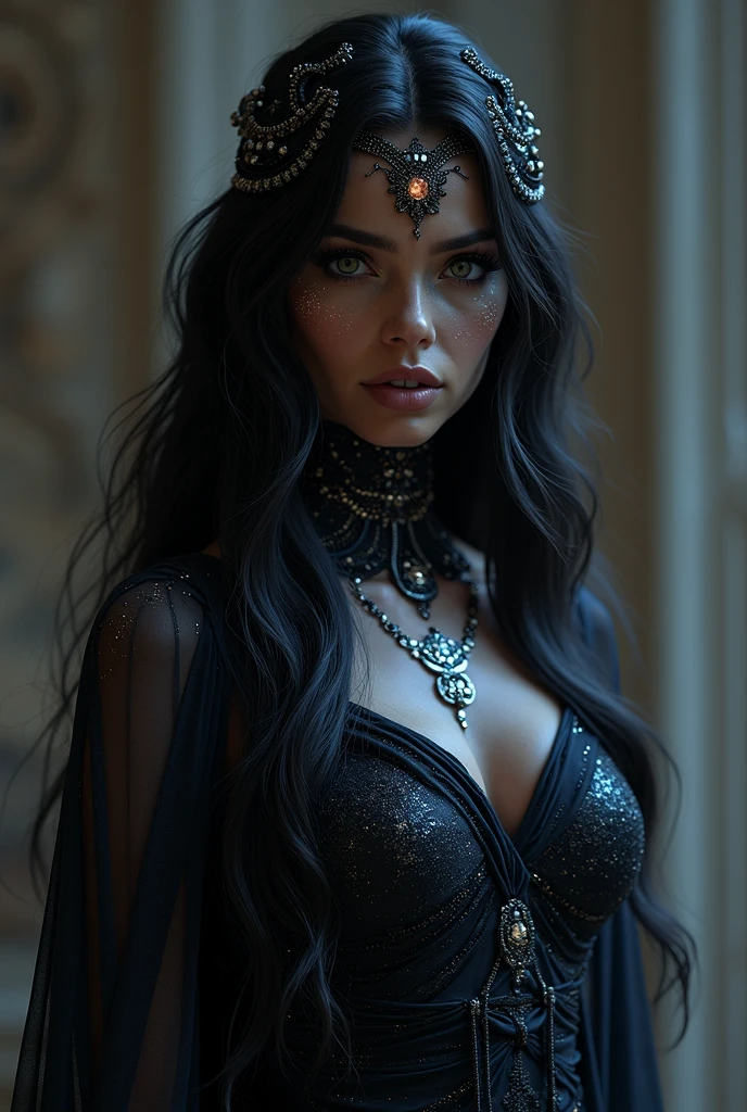 full body Woman in rococo punk costume wearing rococo punk outfit, black long hair, black eyes, black lipstick lips,g rococo punk fantasy style, (rock punk), rock punk beautiful goddess, rock punk girl, rock punk inventor girl, metal rock punk, Set in a rock punk world, dark rock punk concept