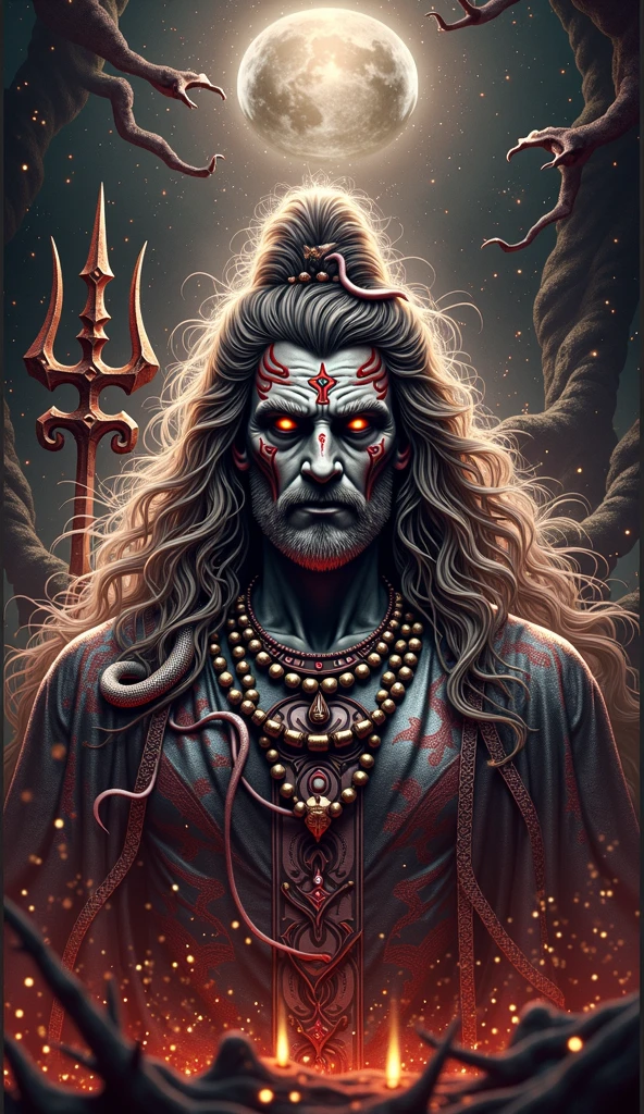 Medusa snake hair, eyes glowing green, night full moon, holding a petrified human head