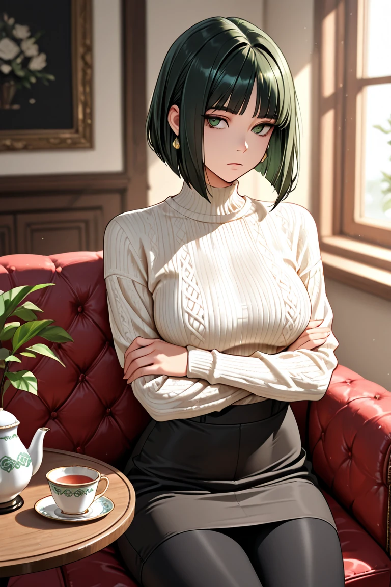 Create an image of a gender-swapped version of Izuku Midoriya, depicted as a stunningly beautiful and confident girl. She has short, vibrant green hair, perfectly styled to frame her face, with every strand rendered in exquisite detail. Her large, expressive eyes are meticulously detailed, radiating a mix of determination and warmth that perfectly captures her heroic nature.
She is seated gracefully on a classic, elegant chair, her posture poised and refined. She is dressed in a sophisticated "old money" outfit, consisting of a crisp, white blouse tucked into a pleated skirt that falls just above the knees. Over the blouse, she wears a soft, luxurious sweater that adds a layer of warmth and elegance. The skirt is slightly lifted by her hands, revealing a glimpse of her high socks that reach just below the knee, adding a touch of playful allure to her otherwise composed appearance. Her feet are adorned with perfectly polished, cute loafers that complete the ensemble.
Her expression is a blend of subtle playfulness and quiet confidence as she gazes directly at the viewer, creating a captivating connection. The scene is intimate yet elegant, with the perfect balance of poise and charm.
Every aspect of the image, from the texture of her outfit to the delicate way she holds her skirt, is rendered with the highest level of detail and precision. The image should be visually stunning and captured in 8K resolution, ensuring every feature is portrayed with flawless quality, resulting in a perfect and captivating representation of female Izuku Midoriya in a sophisticated, classic outfit, sitting elegantly on a chair.