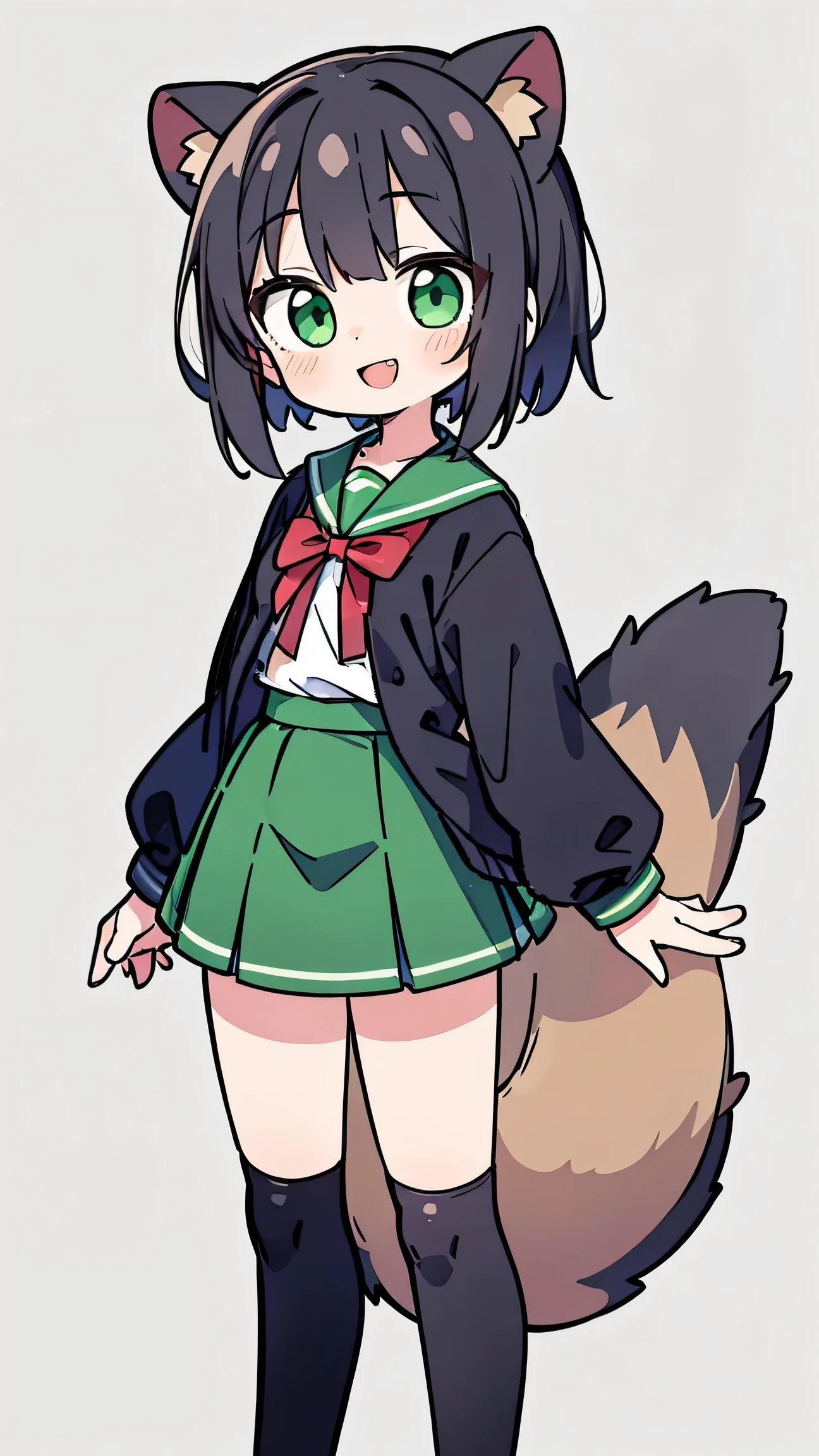 anime style、 woman、 Raccoon Ears、Raccoon Tail、 black hair、 green eyes、 short hair、 Green Sailor Suit、red ribbon、long skirt、knee-high、smile、 double teeth、simple background