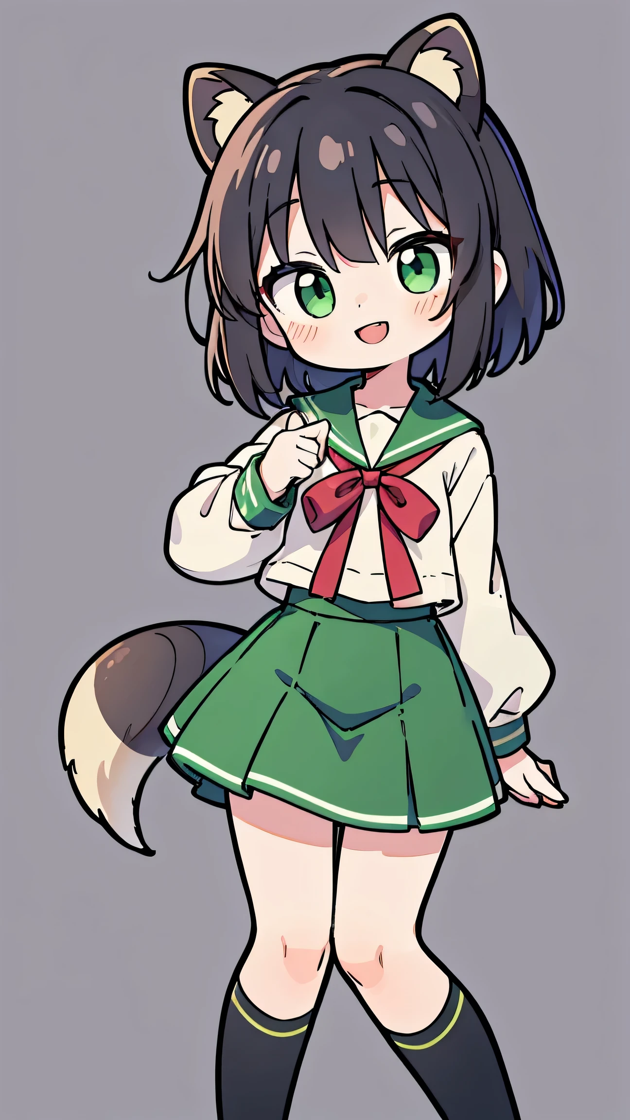 anime style、 woman、 Raccoon Ears、Raccoon Tail、 black hair、 green eyes、 short hair、 Green Sailor Suit、red ribbon、long skirt、knee-high、smile、 double teeth、simple background