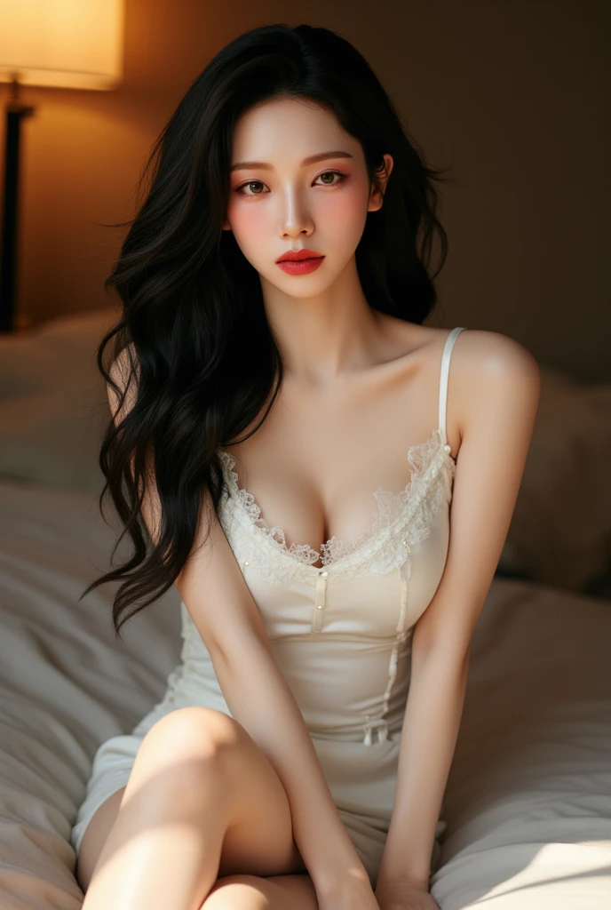 lace dress1, ((knee shot)), beautiful legs, slender legs, lying down, flat lay, flat lay在床上, Propped your elbows on the bed, ((from above)), (top quality, 8k, masterpiece: 1.3), beautiful woman with perfect body: 1.4, dark brown hair, Wear a pendant, Highly detailed face and skin, delicate eyes, double eyelids, best quality, masterpiece, (lifelike: 1.4), a woman, golden ratio, perfect face, slim body, pretty face, bright smile, Gloss, emphasize, Gloss, Bangs, Refreshing charm, elegant, shining, elegant姿势, masterpiece, best quality, (fidelity, fidelity: 1.37), 8k, very delicate and beautiful, amazing, Exquisite details, ridiculous, File size is huge, Very detailed, beautiful and delicate woman, Very detailed eyes and face, 美丽delicate eyes, transparent double, big eyes, There is light on the face, a woman, (perfect female figure), thin waist, Feminine Expressions, overwhelming charm, White background, light background, Gloss on skin, Gloss on face, Gloss on chest