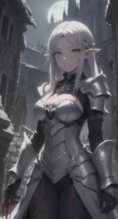 hands on sides, (masterpiece), ultra-detailed, 1girl, detailed eyes, medium breasts, gray background, elf, elf ears, (full body), , green eyes, gray background, full plate armor, comfident smile, staring at the viewer, blond hair in a ponytail, standing