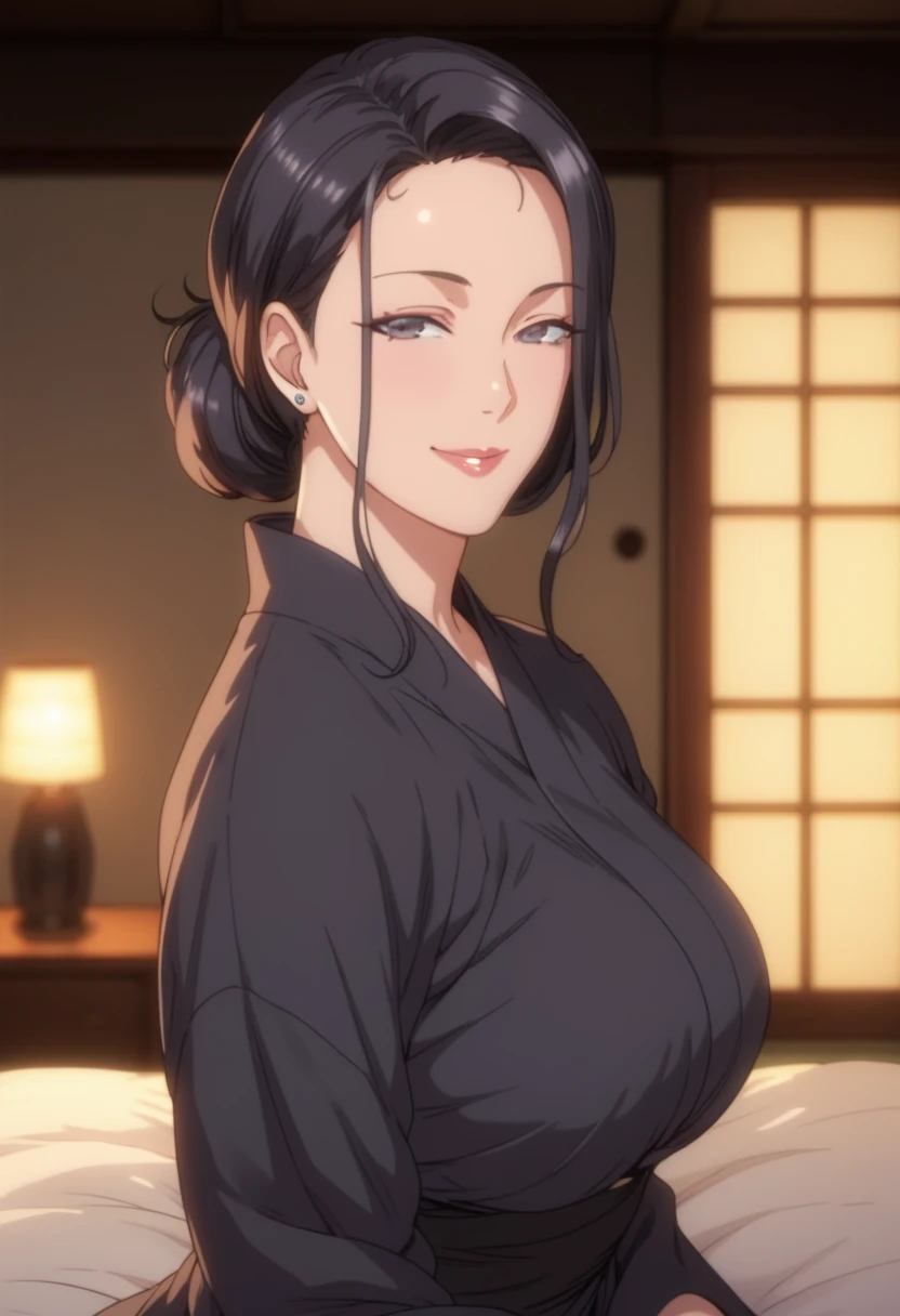 ( mature woman :1.4), 50 years old, Captivating smile, black hair, up hair, Japanese-style bedroom, black kimono